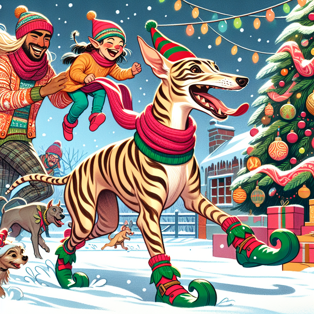 The cartoon unfolds on a snowy Christmas day, with a humorous touch as a whippet sporting tiger stripes prances around in elf booties. The joyful mixed-race 2-year-old daughter giggles while chasing the playful dog. Nearby, her blonde, pregnant mother, wrapped in a cozy Christmas-themed shawl, watches over the scene with glee. The Indian dad, looking trendy in his hipster holiday gear, decorates a cartoonish Christmas tree with colorful baubles.
Generated with these themes: Whippet tiger stripes , Mixed race daughter age 2 , Mum blonde and pregnant , and Indian dad trendy .
Made with ❤️ by AI.