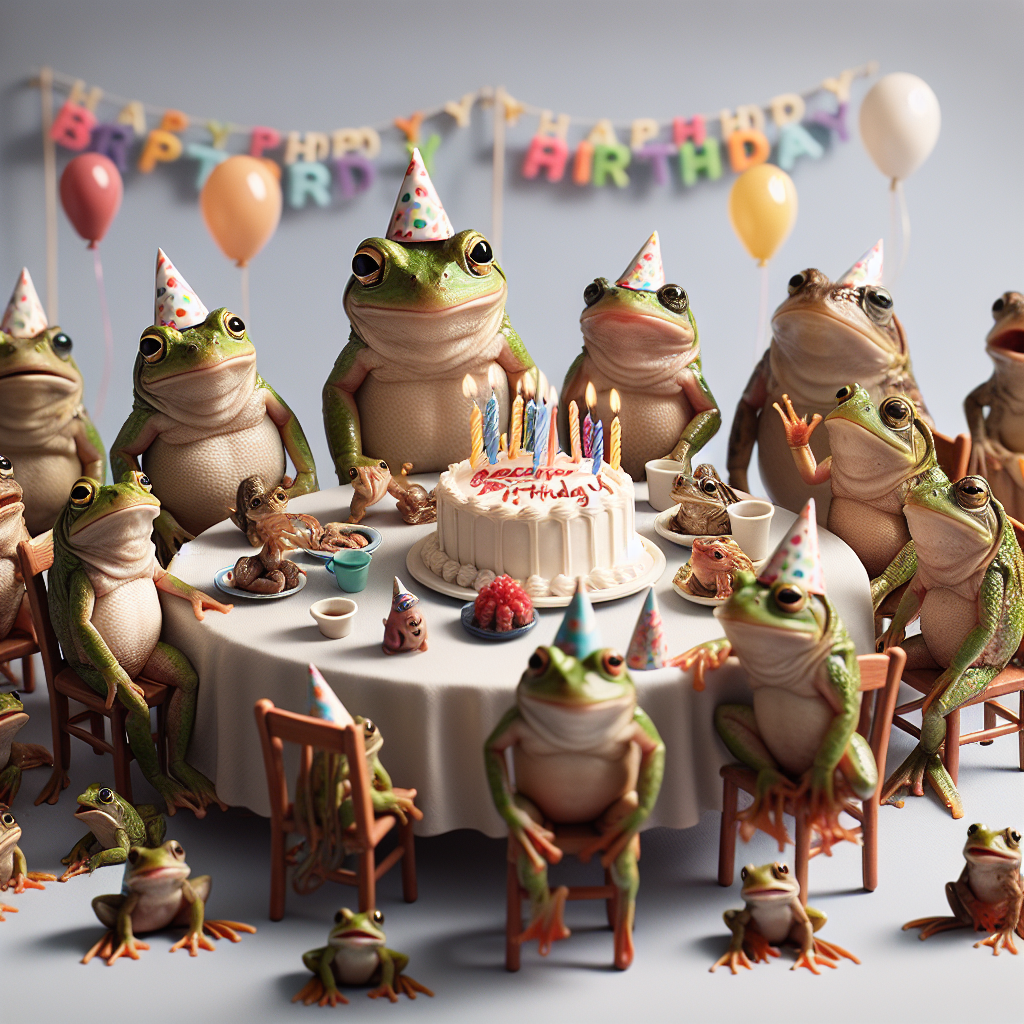 A heartwarming scene of a birthday party peopled by a group of endearing frogs exhibiting almost human-like characteristics. These amphibious guests are gathered around a table laden with festive decorations, balloons, and a birthday cake. Each frog sports a tiny party hat and is frozen in mid-cheer, offering a scene that is realistic with a touch of humor. Amid the merry-making, one frog pulls focus with a comically disgruntled expression, its mouth open as if it's voicing a mild profanity in the unique language of frogs, seemingly caught off guard by the surprise party.
Generated with these themes: Frogs, and Swearing.
Made with ❤️ by AI.