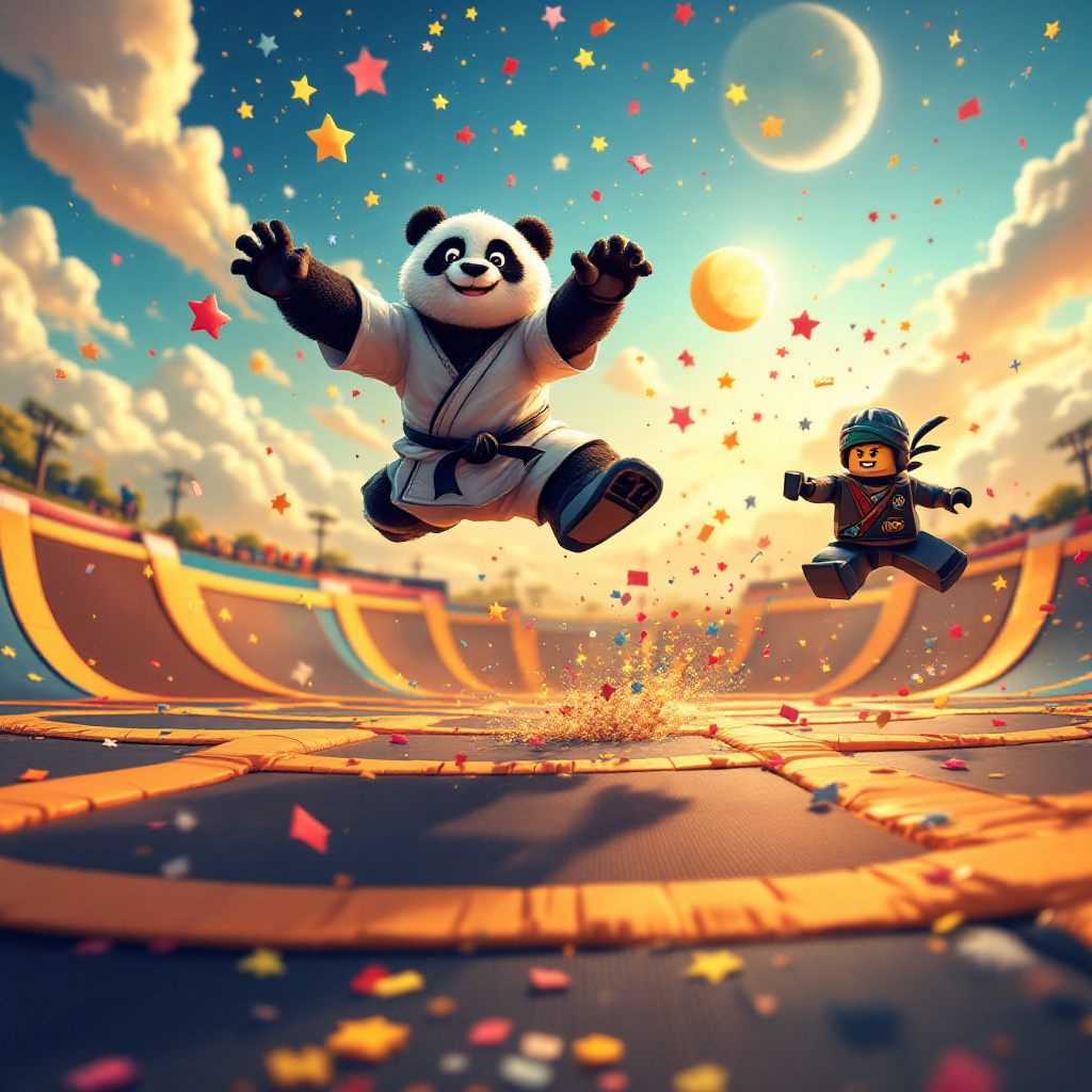 In the heart of a whimsical, vividly-colored cartoon universe, the scene unfolds atop a colossal trampoline that stretches across the horizon like a bouncing landscape of joy. The trampoline's surface is embroidered with a vibrant patchwork of stars, moons, and comic sound effects—'BOING!' and 'WHAM!'—echoing with each jump. At the forefront, a lively cast of characters brings the themes of Taekwondo and Ninjago to life. 

A nimble Taekwondo panda, sporting a white gi and a black belt tied around its plump waist, performs an impeccable flying side kick, its expression one of playful determination. Its motion lines are captured in a blur of dynamic movement as it soars gracefully above the trampoline. Close by, a Ninjago-style lego ninja, with exaggerated features and limbs, vaults through the air in a dramatic backflip, leaving a trail of multicolored confetti in its wake.

Below them, a vibrant blue sky painted with fluffy clouds features a spectacular display where the name "Rishaan" is skillfully written using white, cloud-like letters that subtly shape themselves into a Happy Birthday banner strung across the sky, swaying gently in an imaginary breeze. 

On the trampoline’s edge, a surreal birthday cake stands as tall as a miniature skyscraper, each layer whimsically constructed from unusual objects—one made of spinning Taekwondo belts, another of tiny, spinning ninja stars, and the top layer crowned with a trampoline-topper bouncing tiny figures around in a perpetual celebratory dance.

In the background, a variety of comical creatures—dancing frogs with headbands, acrobatic squirrels with tiny nunchucks, and leaping kangaroos with martial arts headgear—pepper the landscape, cheering the martial artists on with banners and balloons. The entire scene is framed by lush green hills, dotted with sparkling gemstones that wink mischievously in the sun, completing this surreal birthday card masterpiece that captures the joyous collision of Taekwondo, Ninjago, and trampoline adventures for Rishaan's special day.
Generated with these themes: Taekwondo , Ninjago, and Trampoline .
Made with ❤️ by AI.