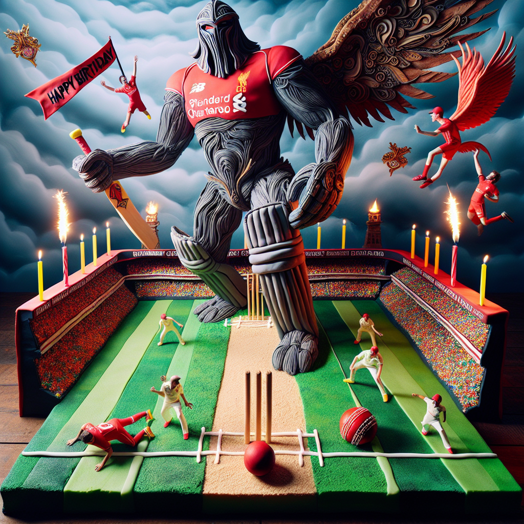 An imaginative birthday setting set in a dreamlike landscape where the worlds of cricket and fantasy meet. A colossal imaginary warrior figure, wearing the emblematic red of a popular football team, poses as a wicketkeeper at the stumps, which are creatively constructed from birthday candles. The outfield is a patchwork representation of a well-known football ground's remarkable grass, while a cricket ball, adorned with decorative motifs, soars through the air. Above, a banner displaying 'Happy Birthday' is interlaced with otherworldly versions of a club's symbolic mythical bird, with the entire scene grounded by a foundation made of marbled cake.
Generated with these themes: Warhammer, Cricket , and Liverpool football club.
Made with ❤️ by AI.