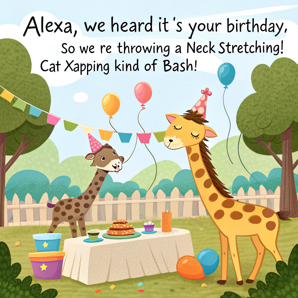 At the top of the image, "Alexa, we herd it’s your birthday—so we’re throwing a neck-stretching, cat-napping kind of bash!"

– In the image, show a realistic backyard birthday party scene where two tall giraffes are bending awkwardly under strings of colorful balloons and party banners, while several grumpy cats wearing tiny party hats sit unimpressed at a long picnic table. One giraffe is attempting (with much neck struggle) to blow out the candles on a birthday cake shaped like a fish, while a tabby cat paws disapprovingly at a slice of cake. Party hats, spilled confetti, and toppled milk bowls add to the delightful chaos.
Generated with these themes: Giraffes and cats birthday party.
Made with ❤️ by AI.