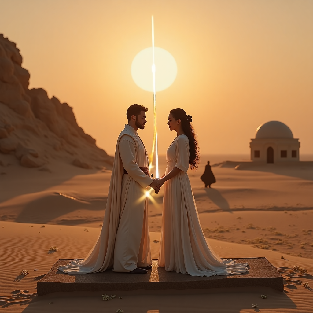 **Image Prompt:**

*At the top of the realistic photograph image, “Jamie & Jodie — A Love Stronger Than the Force”*

A solemn, hyper-realistic wedding photograph set at twilight on the sandy plains of Tatooine. The twin suns are setting behind a rocky outcrop, casting an ethereal golden-pink hue across the sky and desert floor. Jamie and Jodie, dressed in ceremonial Jedi-inspired wedding robes (with subtle elegant embellishments), stand side by side on a weather-worn platform that evokes ancient Tatooine architecture. In the background, the iconic Lars homestead is partially visible, sunken into the sand, its dome glowing softly.

They each hold a uniquely designed lightsaber—ignited in white and gold for unity—crossed in front of them in a solemn gesture of bond and protection. Ghostly silhouettes of Luke and Leia as Force spirits look on from the distance, their presence quiet and reverent, embodying family and destiny.

Faint outlines of a rebel symbol in the sand behind the couple hint at their adventurous bond, while scattered desert flowers—rare blooms native to Tatooine—gently lift in the breeze, signifying love in unexpected places.

Mood: Deeply emotional, reverent, epic but intimate. Perfect for a wedding greeting that speaks to timeless, intergalactic love.
Generated with these themes: Star Wars , Luke , Lea, and Tattooine.
Made with ❤️ by AI.