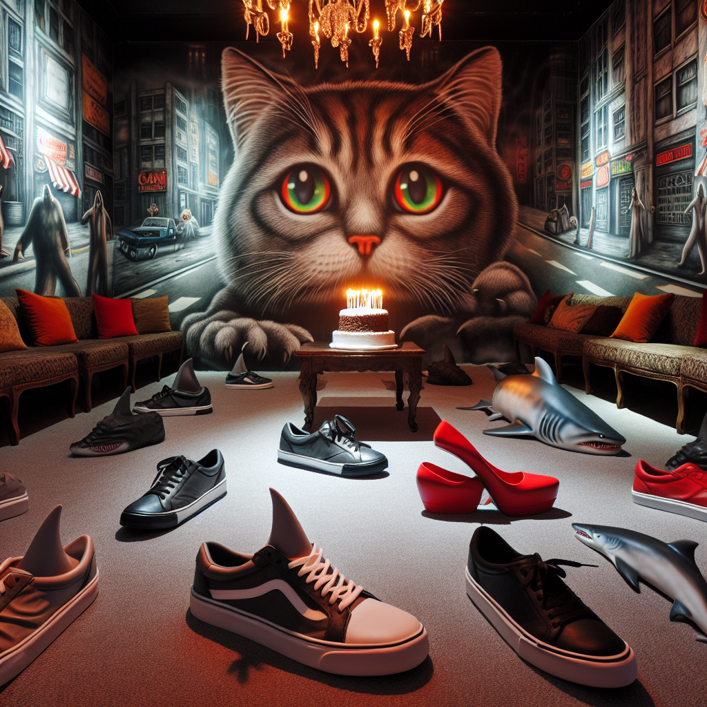 Visualize a dimly-lit birthday party situated in a room where the walls are decorated with highly detailed murals of giant cats wandering in a deserted city, their eyes radiating with a spooky glow. The floor is carpeted and designed with various iconic shoes, from shiny red heels to sleek athletic shoes, symbolizing different exciting journeys. Encircling the birthday cake, a group of realistic shark fins seems to protrude from the floor, creating an exciting feeling as if sharks are lurking beneath. Classic horror films are intermittently projected onto the walls contributing to the surreal yet realistic ambiance of the party.
Generated with these themes: Cats, Shoes, Sharks, and Horror films .
Made with ❤️ by AI.