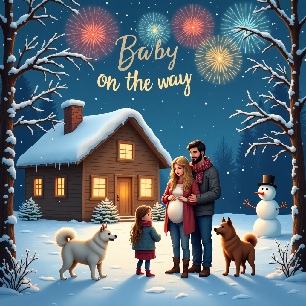 In a tranquil winter wonderland, a charming family scene unfolds amidst gently falling snowflakes. At the heart of this snowy landscape stands a cozy wooden cabin, its windows aglow with the warm, inviting light of a crackling fireplace. Outside, a family gathers on the snow-blanketed front lawn, bundled in cozy scarves and knit hats. The mother, with her radiant blonde hair cascading over her shoulders, gently cradles her baby bump. Her husband, with light brown skin and short black hair, stands lovingly by her side, one arm around her, the other playfully resting on the shoulder of one of their daughters. The two sisters, each with long, flowing brown hair, gaze adoringly at the soon-to-be new arrival, their cheeks rosy from the crisp winter air.

Four magnificent Akita dogs, with their thick fur glistening with snowflakes, add to the familial warmth. One white, one white-grey, one dark brown, and one brown Akita frolic in the snow, their joyful antics bringing life to the serene scene.

In the sky above, a breathtaking display of fireworks illuminates the night, painting the heavens with vibrant hues of red, blue, and gold. Among the sparkling bursts, the words "Baby on the way" elegantly weave through the shimmering lights, as if drawn by the hand of a cosmic artist. The snowy branches of the pine trees surrounding the cabin add a touch of magic, glistening with icicles that catch the light from both the fire inside and the pyrotechnics above.

A simple snowman with a carrot nose and coal eyes stands as a silent sentinel to this moment of love and anticipation, completing the idyllic tableau of a family preparing to welcome their newest member in the midst of a picturesque winter celebration.
Generated with these themes: Love, Coming soon, Winter wonderland, Heart, Realistic, 2 sisters with brown long hair, A pregnant mother with blonde hair , A father light brown skin and short black hair, 4 dogs akita, one white akita, one white grey akita, one dark brown akita, one brown akita, Christmas , Firework, and Family.
Made with ❤️ by AI.