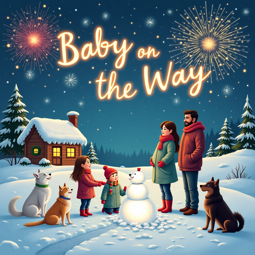 Love, Coming soon, Winter wonderland, Heart, Realistic, 2 sisters with brown long hair, A pregnant mother with blonde hair , A father light brown skin and short black hair, 4 dogs akita, one white akita, one white grey akita, one dark brown akita, one brown akita, Christmas , Firework, and Family New-baby Card