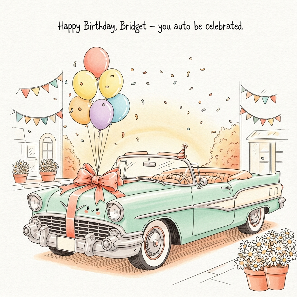 At the top of the Illustration Style image, Happy Birthday, Bridget - you auto be celebrated!

Hand-drawn illustration in a cute, whimsical mood: a mint-green 1950s classic convertible with soft cream accents and whitewall tires sits center stage, wrapped with a big satin bow across the hood. A bunch of pastel balloons (peach, lemon, lilac, sky) is tied to the side mirror, and confetti swirls through warm golden-hour light. The car’s headlights have a gentle, friendly expression with tiny rosy cheeks, and a tiny party hat perches playfully on the hood ornament. Around it, a charming streetscape with bunting and potted daisies frames the scene, softly simplified so the car remains the hero. Use fine, delicate linework, textured brush strokes, and a warm, expressive color palette (coral, apricot, buttercream, teal, soft mint). Light watercolor paper grain for a tactile feel, balanced composition with generous negative space above for the small hand-lettered caption and a large, image-first focus on the classic car. No additional text beyond the line at the top.
Generated with these themes: Classic car, and .
Made with ❤️ by AI.