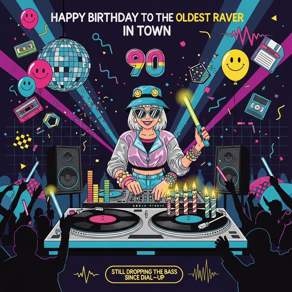 At the top of the Vector Style image, "Happy birthday to the oldest raver in town"

Clean flat-vector scene: A 90s warehouse rave in bold neon colors. Center stage, the birthday girl DJ (stylishly older, silver-streak hair, huge grin) rocks a candy-bracelet stack, bucket hat with an acid-smiley pin, mirrored cat-eye shades, metallic windbreaker, and chunky platform sneakers. She’s mid-mix behind a giant two-tier birthday-cake turntable: icing rings mimic vinyl grooves, the tonearm is a striped party candle, and tall candles rise like EQ bars. She holds a glowing green glowstick in one hand while the other rides the crossfader.

Surround her with crisp silhouettes of a cheering crowd waving glowsticks; a big acid-smiley disco ball; neon laser beams slicing across a deep midnight-navy background; floating 90s icons as balloons (cassette tape, floppy disk, VHS); and Memphis-style squiggles, grids, and checkerboard accents. Add chunky vector speakers, tiny confetti triangles, and a minimal waveform banner to dial up the techno vibe.

Color palette: acid yellow, hot magenta, cyan, electric purple, teal, and black/ink for contrast. Style: flat fills, crisp clean outlines, minimal or no gradients, sharp geometric shapes, modern graphic precision.

Typography: headline in bold 90s rave poster lettering (rounded condensed sans, neon outline, all caps). Place a small funny caption at the bottom on a neon sticker or speech-bubble badge: “Still dropping the bass since dial‑up.”
Generated with these themes: 90s, rave, DJ, techno, birthday girl , and .
Made with ❤️ by AI.