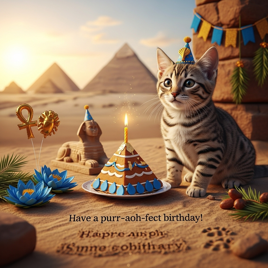 Photorealistic 4K UHD photo, golden sunrise over the Giza desert. Low, eye-level angle with an 85mm lens (f/2, ISO 100, 1/400s), shallow depth of field: crisp focus on a chubby Egyptian Mau kitten wearing a tiny blue-and-gold pharaoh nemes headdress, big curious eyes and delicate whiskers; beside it, a miniature pyramid-shaped birthday cake with lapis-blue fondant accents, edible gold leaf, and a single lit beeswax candle (soft flame glow, subtle heat shimmer). Surroundings: warm, textured sandstone and fine, granular desert sand with tiny kitten pawprints; a garland of blue lotus blossoms and date-palm fronds for festivity; two small gold foil balloons shaped like an ankh and a scarab tied with papyrus twine; a petite sandstone Sphinx figurine in the mid-ground wearing a tiny party hat. Background: the pyramids softly out of focus with cinematic bokeh, gentle sun rays catching dust motes, sky gradient from pale peach to soft azure. Lifelike textures, accurate lighting, natural shadows and rim light on the kitten’s fur, rich depth of field. Color palette: honey gold, sandstone beige, lapis blue, hints of turquoise. Include a single-line caption etched into the smooth sand at the bottom center, inlaid with fine gold dust for a subtle shimmer, clean and readable: “Have a purr-aoh-fect birthday!” No borders, no logos, no watermarks, no cartoon or CGI look.
Generated with these themes: Ancient egypt, and .
Made with ❤️ by AI.