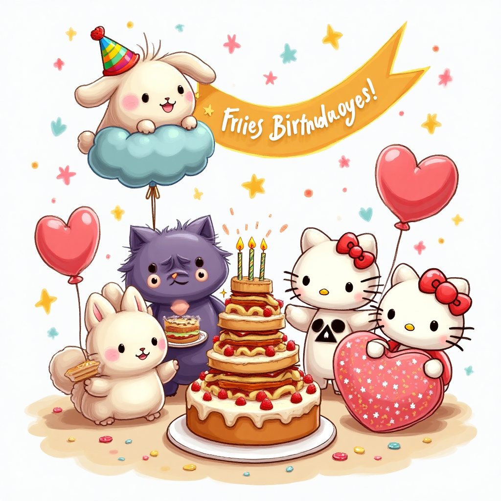At the top of the Illustration Style image, write "Ophelia’s Birthday Party".

**Image Description:**

In a delightful, hand-drawn illustration style, the image bursts with warmth and charm. In the center, a vibrant birthday scene unfolds within a whimsical McDonald's-themed world. Cinnamoroll, with his floppy ears and adorable blue eyes, floats joyfully on a cloud-shaped balloon, holding a rainbow-striped party hat. Beside him, Grimace, with his iconic purple hue, holds a tower of burgers, each adorned with colorful candles.

To the right, Kuromi, with her mischievous grin and skull-adorned bow, offers a platter of fries shaped like stars. Hello Kitty, radiating sweetness in her classic red bow, presents a giant, heart-shaped birthday cake with strawberry frosting.

Above them, a banner with a playful font reads "Fries Before Guys," adding a cheeky twist to the celebration. The backdrop features pastel confetti and floating heart balloons, creating a dreamy, festive atmosphere.

The color palette is a harmonious blend of soft pinks, blues, and yellows, exuding a sense of joy and celebration. This enchanting scene captures the essence of a birthday party filled with beloved characters and delightful surprises.
Generated with these themes: Cinnamoroll, grimace, McDonald’s , Kuromi, Sanrio,hello kitty, and .
Made with ❤️ by AI.