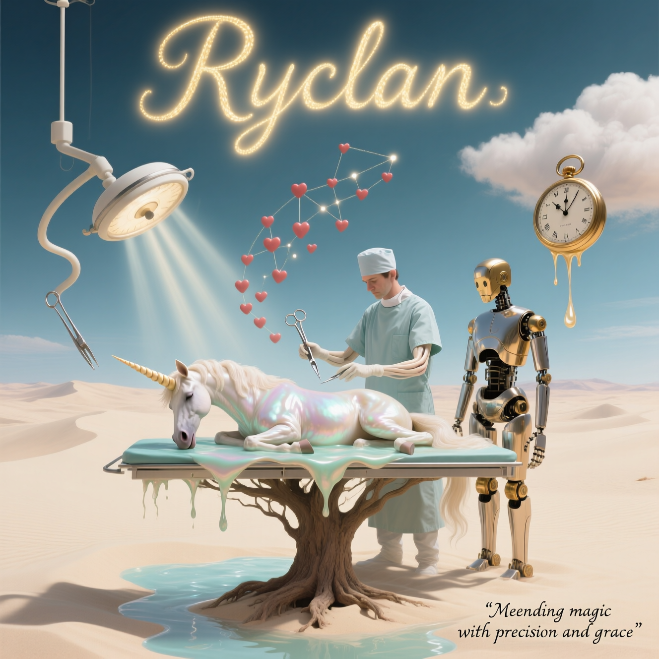 At the top of the Surreal Style image, display the word **Ryclan** in delicate, glowing cursive letters, as if formed from drifting surgical sutures of soft golden light.  

In a dreamlike, Dali-inspired operating theatre floating in a vast desert of ivory sand, a serene surgeon with elongated, liquid-like arms works side by side with a chrome-and-brass humanoid robot. They stand over a slumbering unicorn whose pearlescent body melts into pools of pastel colour, its horn spiralling into a floating constellation of tiny beating hearts. Surgical instruments hover mid-air, bending in impossible curves, while giant pocket watches drip from ethereal clouds above. The operating table appears to grow out of the sand like a petrified tree root. Light beams filter through the scene as if refracted through water, bathing everything in a soft, almost holy glow — a surreal tribute to compassion, care, and connection across worlds. In the corner, in small whimsical script, the words: *"Mending magic with precision and grace"*
Generated with these themes: Surgeon and a Robot , Surgery on a unicorn, and .
Made with ❤️ by AI.
