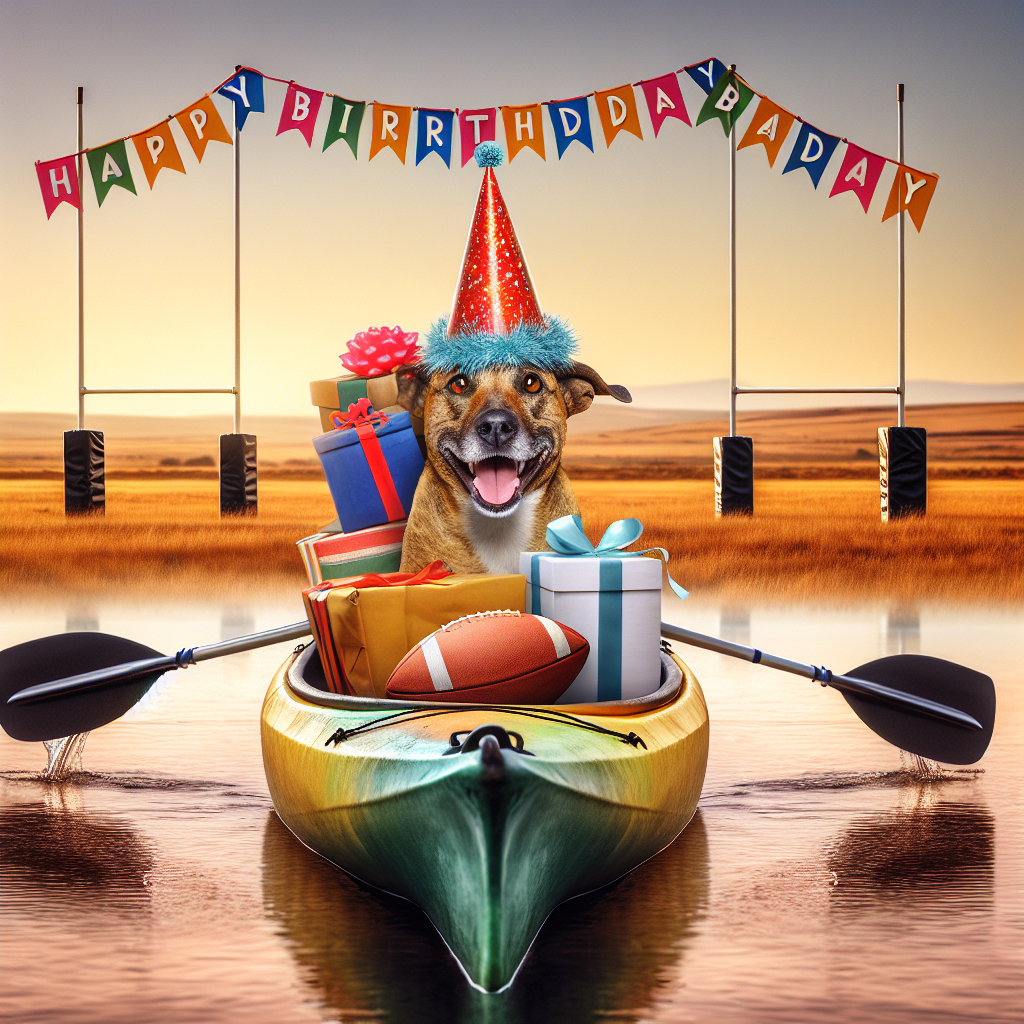 Create a humourous picture depicting a dog with a wide smile wearing a festive hat. The dog is comfortably seated in a kayak, which is decorated with birthday streamers. This kayak is sailing through waters that mirror the golden tones of the South African savanna, bringing serenity to the scene. In the distance, rugby posts proudly stand on the shore with a birthday banner hung between them. The kayak carries a haphazard pile of rugby balls and birthday presents, seemingly teetering on the brink of tumbling over with every joyful wag of the dog's tail, adding to the whimsical nature of the occasion.
Generated with these themes: Rugby, south African landscape, dog, kayak, birthday.
Made with ❤️ by AI.