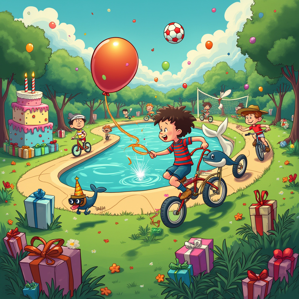 In the bustling cartoon universe of "Birthday Bonanza," a wild and whimsical birthday party scene unfolds. Picture a vivid park with a lush, green soccer field in the center. On one side, a group of quirky, animated characters are engaged in an over-the-top soccer match. The ball is a giant, multi-colored birthday balloon, which bends and bounces unpredictably. One of the players, a grinning, freckle-faced kid wearing a vibrant red-and-blue striped jersey (think Peanuts meets Calvin and Hobbes), is mid-kick, his leg arched back and a shoe flying off in classic cartoon fashion.

To the left of the soccer field, a large, sparkling blue swimming pool, shaped like a giant birthday cake, catches the eye. In and around the pool, more characters are having a blast. One particularly cheeky character, a playful girl with pigtails and wearing a yellow polka-dotted swimsuit, is diving off a springy diving board shaped like a lit birthday candle. Below her, a whale character, resembling something out of a Gary Larson comic, is wearing a party hat and holding a wrapped present in its mouth, waiting to catch the girl mid-dive.

To the right of the scene, a winding, candy-colored bike path loops around, with cyclists zipping along at comically exaggerated speeds. One of the cyclists, a lanky teenager with a mischievous grin and goggles (evoking the spirit of Tezuka's Astro Boy characters), is pedaling a bicycle made entirely of oversized birthday presents. His handlebars are festooned with ribbons and streamers that trail behind him, fluttering like mini-celebratory flags. Alongside him, a tiny, determined-looking dog, reminiscent of Hergé’s Snowy, rides a miniature bike with its tongue flapping in the wind.

Overhead, a bright, blue sky is adorned with floating balloons and a friendly sun wearing sunglasses and a party hat, reminiscent of Will Eisner’s detailed yet playful backgrounds. Here and there, small details add depth: a birthday banner stretches between two trees, each letter of "HAPPY BIRTHDAY" crafted from colorful party hats, and scattered confetti adds a festive touch.

The scene bursts with kinetic energy, capturing a moment of joyous chaos as characters from different walks of life converge in this whimsical, birthday-themed wonderland.
Generated with these themes: soccer swimming bicycles.
Made with ❤️ by AI.