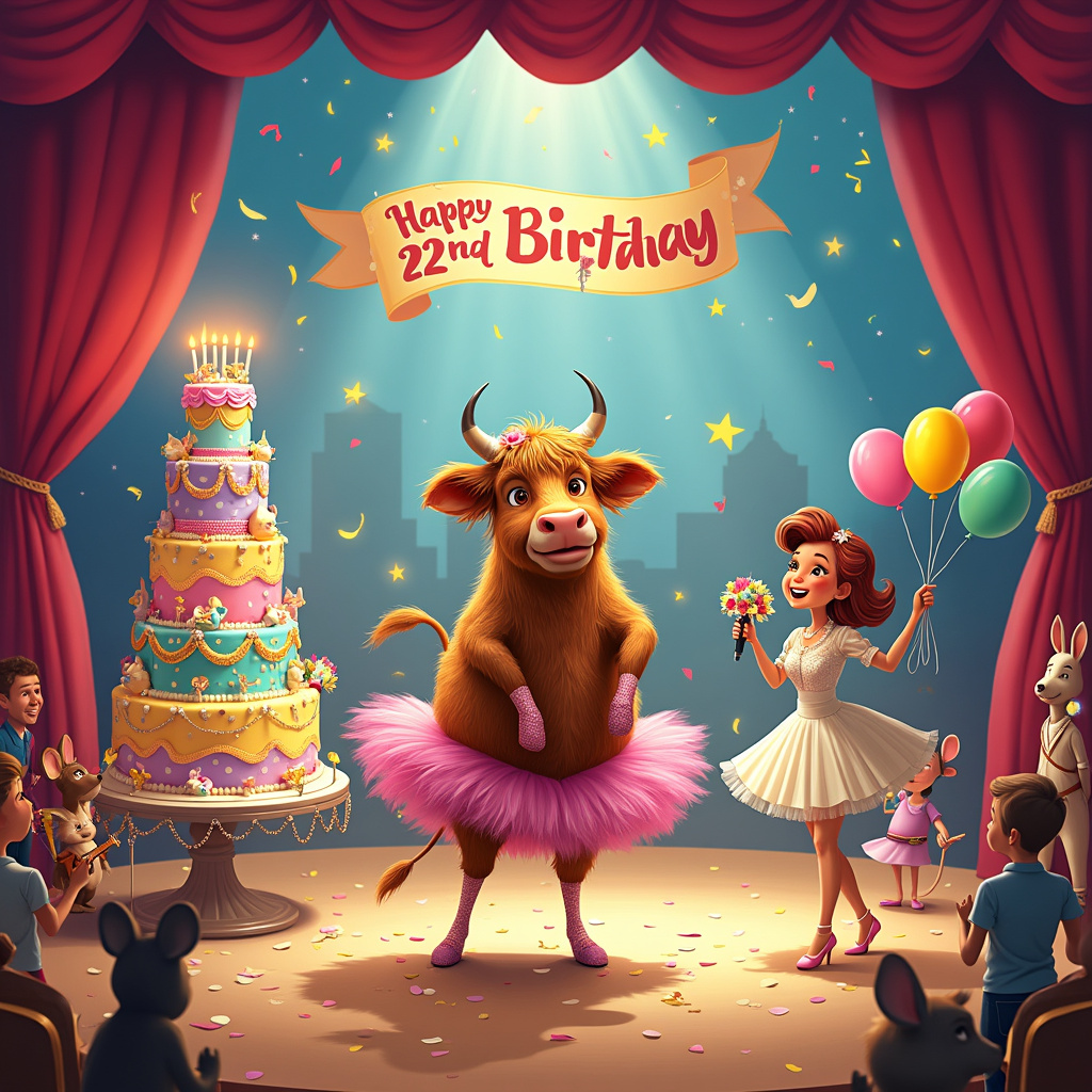 In the middle of a vibrant, colorful stage set for a whimsical musical theatre performance, we see a joyful Highland cow standing on its hind legs, dressed in a sparkly pink tutu and ballet shoes. The cow, with its signature long, shaggy fur and adorably large eyes, is center stage, caught mid-dance as it pirouettes gracefully. The stage is decorated with bright, twinkling lights, red velvet curtains, and a background that resembles a Broadway set, complete with a city skyline and marquee signs.

To the left of the cow, a gigantic, multi-tiered birthday cake towers high, adorned with 22 glowing candles and intricate decorations such as musical notes, miniature theatre masks, and tiny highland cows made of marzipan. Each tier of the cake is a different vibrant color, from lavender to turquoise to sunshine yellow, and it looks deliciously decadent with creamy swirls of frosting and edible glitter.

On the right side of the stage, we see a young woman, the daughter, who is turning 22. She is dressed in a charming vintage-style dress reminiscent of the 1950s, complete with a fluffy petticoat and polka dots. She’s holding a bouquet of colorful balloons in one hand and a microphone in the other, mid-song, as she serenades the Highland cow and the audience. Her face is lit up with joy, and her hair is styled in playful curls that bounce as she moves.

Surrounding the central figures are various whimsical elements that bring the scene to life: a whimsical orchestra of animals in the orchestra pit, with a mouse playing a tiny violin, a rabbit on a miniature piano, and a squirrel on the drums. Above them, spotlights shine down, casting a warm glow over the scene. The stage floor is scattered with confetti and rose petals, adding to the celebratory atmosphere.

In the background, an audience of cartoon characters, including a few familiar faces inspired by Peanuts and Calvin and Hobbes, can be seen clapping and cheering. There's also a banner hanging above the stage that reads "Happy 22nd Birthday" in a playful, colorful font, with stars and musical notes embellishing the letters.

This birthday-themed musical theatre scene is an explosion of color, fun, and creativity, blending all the requested elements into one delightful, celebratory moment.
Generated with these themes: Musical theatre, 22, Cake, Highland cow, and Daughter .
Made with ❤️ by AI.
