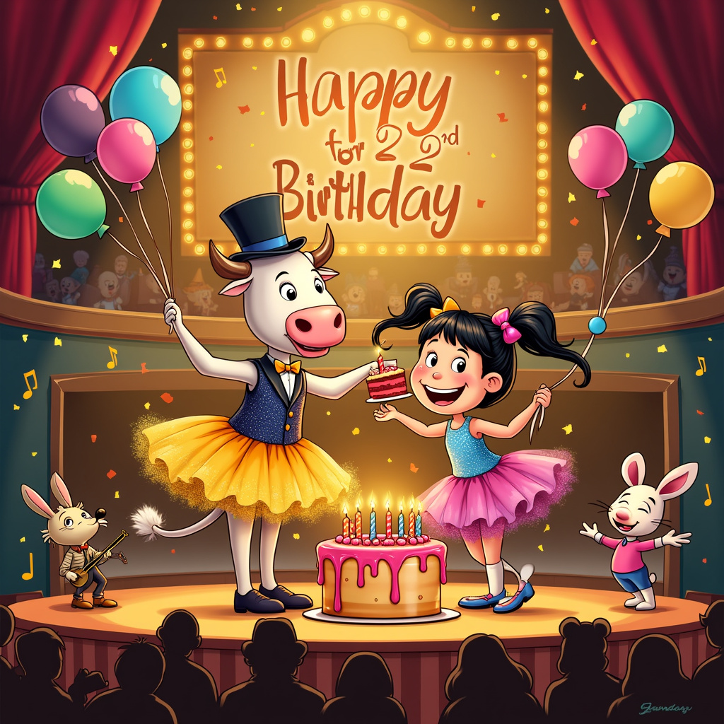 Imagine a lively, cartoonish stage set in the heart of a bustling musical theatre. The backdrop is a whimsical, colorful interpretation of a classic Broadway scene, complete with vibrant marquee lights spelling out "Happy 22nd Birthday!" in a sparkling, playful font. The stage itself is made up of a series of layered, brightly-painted props: a giant birthday cake with layers of pink and yellow frosting, topped with 22 glowing candles.

Front and center, there stands a cheerful Highland cow, her fur rendered in soft, expressive lines that give her a friendly and endearing appearance. She's donned in a fabulous sequined dress, much like a leading lady on opening night, with a tiny top hat perched jauntily on her head. Her wide, gleaming eyes are full of character, and she holds a bouquet of colorful balloons in one hoof, each balloon shaped like a musical note.

Beside her, in an adorable mother-daughter duo, is a young girl (the daughter) with pigtails, wearing a vibrant tutu that matches the cow's sequined dress. The daughter has a huge grin and is mid-spin, her dress flaring out in a whirl of excitement. She holds a slice of cake in one hand, with frosting smeared delightfully across her face.

Around them, the stage is populated with quirky characters reminiscent of a Charles Schulz ensemble. There are animals and people, all dressed in costumes that range from tap shoes and bow ties to feather boas and bowler hats. A jazz band of anthropomorphic animals occupies one corner, with a rabbit on the trumpet and a bear on the double bass, adding a playful musical touch to the scene.

Above the stage, a playful banner reads "Starring: Our Beloved Daughter" in a mix of playful fonts. The audience, hinted at by silhouettes in the foreground, can be seen clapping and throwing confetti, adding a sense of celebration and joy.

This vibrant, bustling scene is bursting with details and character, drawing on the creativity and charm of the great artists for a unique and memorable birthday greeting card cover.
Generated with these themes: Musical theatre, 22, Cake, Highland cow, and Daughter .
Made with ❤️ by AI.