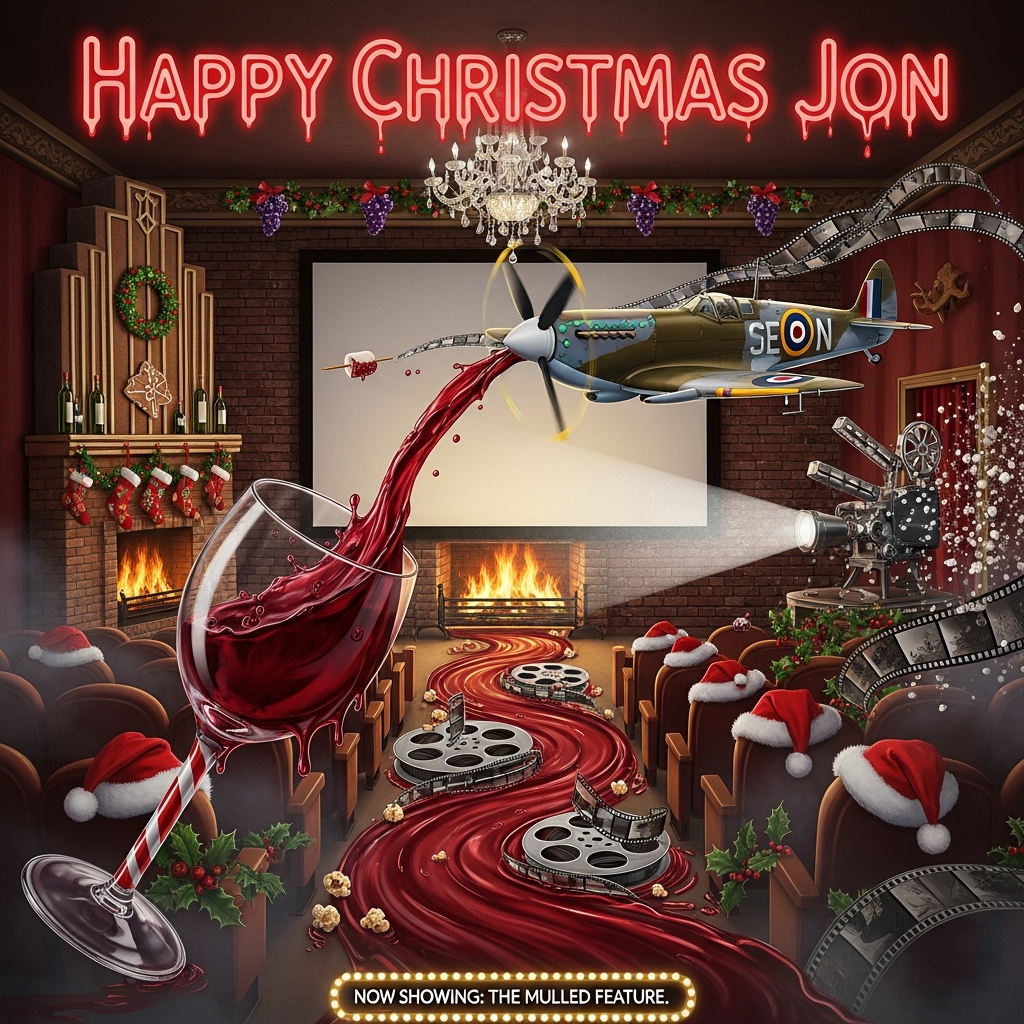 Red wine,fireplace,spitfire, cinema, and Christmas Card