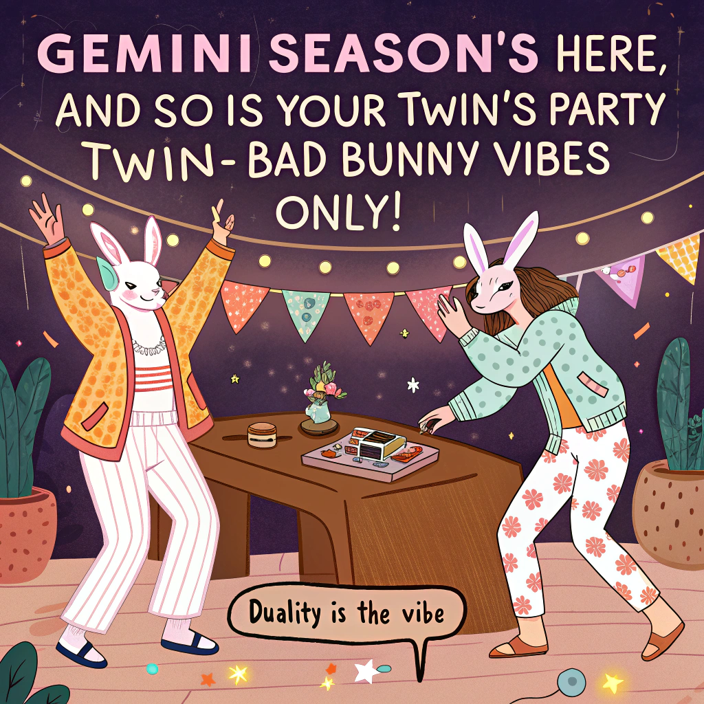 At the top of the image, "Gemini season's here, and so is your twin's party twin—Bad Bunny vibes only!"

- The image shows a realistic-style birthday house party in full swing, but there are two identical versions of the birthday person in the same scene — one in cozy PJs doing astrology tarot readings, and the other dressed head-to-toe in flamboyant Bad Bunny-style fashion, dancing wildly on a coffee table.
- There are disco lights, confetti, and a banner that reads “Duality is the vibe.”
- The party guests are reacting in delight and confusion, unsure which twin is throwing the party.
- In the corner, a real bunny wearing tiny sunglasses lounges next to a birthday cake shaped like the Gemini constellation.
Generated with these themes: Gemini, and Bad bunny.
Made with ❤️ by AI.