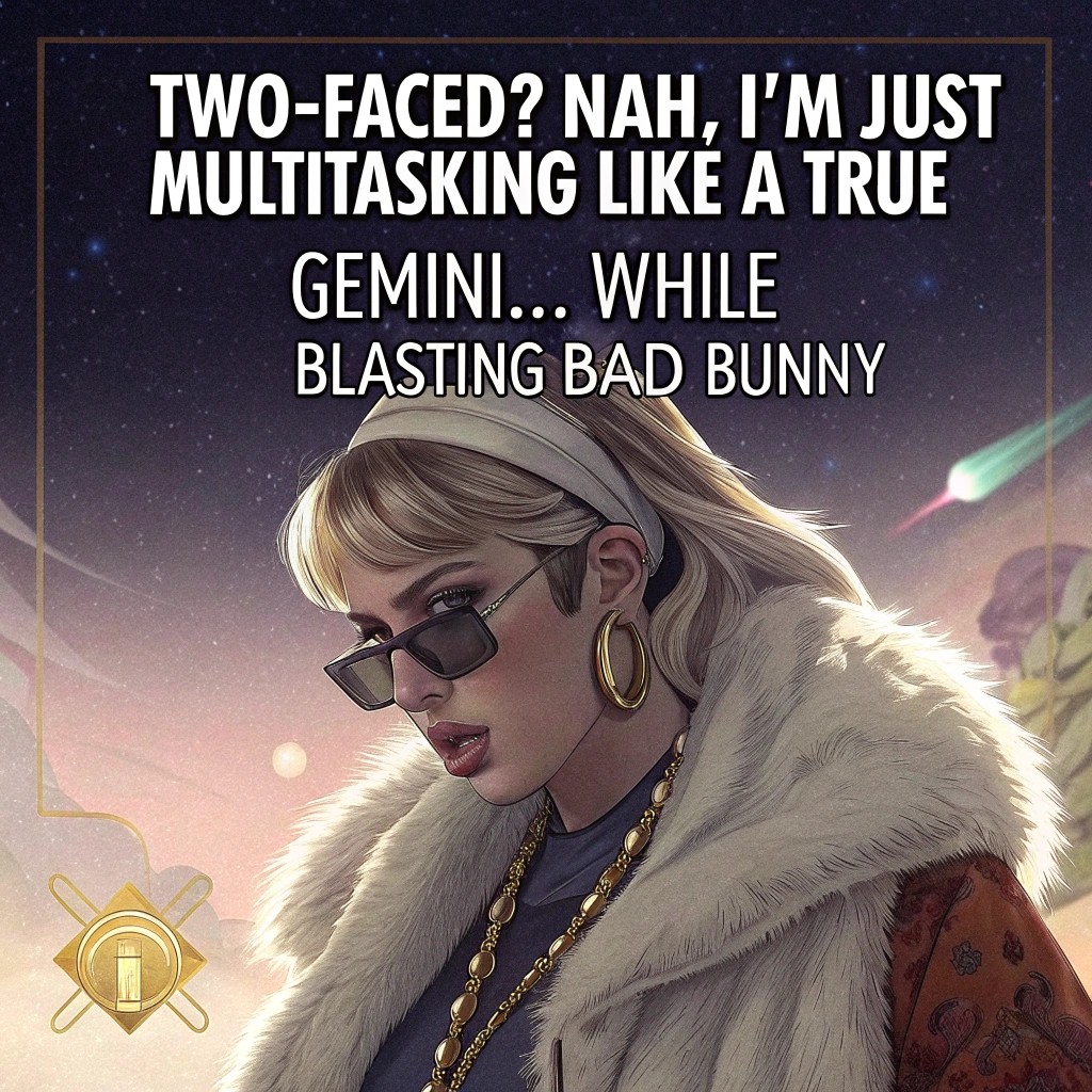 At the top of the image, "Two-faced? Nah, I'm just multitasking like a true Gemini... while blasting Bad Bunny."

- In the center of the image, show a highly realistic photograph-style scene of a person with a split personality twist: one side of their outfit is glam—decked out in a flashy fur coat, gold chains, sunglasses and headphones, mid-dance to a Bad Bunny beat; the other side is nerd-chic, glasses on, buried in an astrology book and scribbling horoscopes on a birthday calendar.

- The background shows a lively birthday party scene in half zodiac lounge and half Latin club.

At the bottom of the image, "When the stars align AND the beats drop—Happy Birthday, celestial party animal!"
Generated with these themes: Gemini, and Bad bunny.
Made with ❤️ by AI.