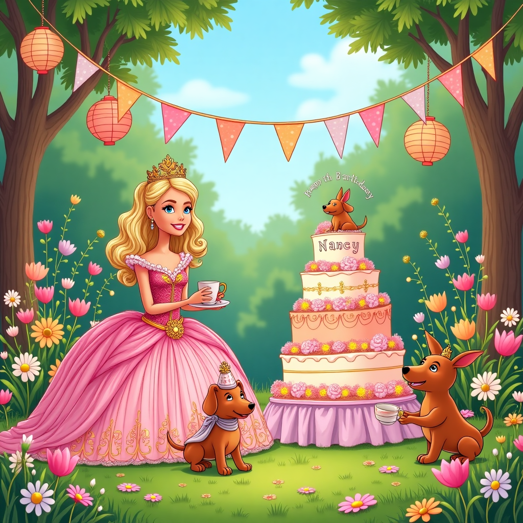 The scene is set in a vibrant and whimsical garden party filled with joyful and humorous elements that celebrate Nancy's 5th birthday. The illustration is rich in detail, with a style reminiscent of Quentin Blake's lively line work combined with the enchanting charm of Beatrix Potter's character design.

**Foreground Elements:**

1. **Barbie Princess**: In the foreground, a life-sized Barbie dressed as a princess is sitting cross-legged on the lush green grass. She wears an elaborate, sparkling pink ball gown adorned with layers of frilly tulle and golden embroidery. Her golden tiara, encrusted with tiny faux jewels, sits atop her neatly arranged, cascading blonde curls. Her expression is one of playful sophistication as she holds a tiny, ornate teacup.

2. **Sausage Dog**: Next to Barbie, a sausage dog in a miniature royal costume prances energetically. His costume mirrors Barbie's gown, complete with a tiny pink cape and a small, silver crown perched adorably on his head. His elongated body adds a touch of comedy, as his little legs move energetically in a playful trot.

**Middle Ground Elements:**

3. **Birthday Cake**: A multi-tiered birthday cake towers just behind the Barbie and sausage dog. Each tier is meticulously decorated with pastel-colored frosting swirls and intricate sugar roses. The topmost layer features the name "Nancy" elegantly written in icing. A miniature Barbie figurine and a sausage dog figure crown the cake as cake toppers.

4. **Party Decorations**: Scattered around the cake are vivid decorations: colorful paper lanterns hanging from invisible strings, fluttering in a light breeze; and a string of triangular pastel flags arching overhead, with "Happy 5th Birthday, Nancy!" painted in a childlike scrawl.

**Background Elements:**

5. **Garden Setting**: The scene is enveloped in a lush garden brimming with vibrantly detailed flora. Tall, leafy trees border the background, and an abundance of colorful flowers in full bloom—daisies, tulips, and sunflowers—add splashes of reds, yellows, and blues throughout. Butterflies, finely detailed in various shades, flit amongst the flowers.

6. **Sky**: Above, the sky is a brilliant, cerulean blue with wisps of fluffy white clouds. A rainbow arches gently across the sky, adding a spectrum of colors that complements the garden’s vivid hues.

**Overall Composition**: The illustration should feel dynamic and engaging, with the arrangement of characters and elements creating a lively and bustling scene. The card captures the essence of a magical, youthful birthday celebration, filled with imaginative and detailed visuals.
Generated with these themes: Barbie, 5th Birthday, Sausage dog, and Princess.
Made with ❤️ by AI.