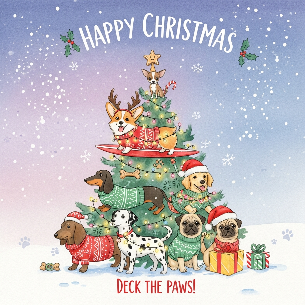 At the top of the Watercolor Style image, "Happy Christmas" hand-lettered in playful snowy-white brush script with a soft icy-blue shadow and tiny holly sprigs.

A funny, airy watercolor scene: a mismatched pack of delighted dogs stacked in a wobbly Christmas-tree shape, from big floofy base to tiny topper. Each pup wears a gloriously ugly festive sweater, tangled with glowing fairy lights that bleed warm gold into cool winter blues. A corgi with askew reindeer antlers “surfs” mid-stack; a long dachshund wraps around as garland; a golden retriever grins beneath an oversized Santa hat; a pug pops out of a gift box; a husky howls like a caroler; a dalmatian’s spots peek through tinsel. At the peak, a tiny chihuahua balances, crowned with a star-shaped dog biscuit. Candy-cane chew toys, bone-shaped ornaments, and soft pawprints dot the snow.

Style notes: soft wet-on-wet washes, delicate gradients from twilight lavender to pine green, subtle pigment blooms for snowy flurries, natural cold-press paper texture visible in the highlights, gentle dry-brush fur details, and playful paint splatters for falling snow. Keep outlines loose and minimal for an airy, organic feel; warm fairy-light glows contrast with the cool winter background.

At the bottom of the image, a small cheeky caption in hand-painted red brush lettering: "Deck the paws!"
Generated with these themes: Dogs, and .
Made with ❤️ by AI.