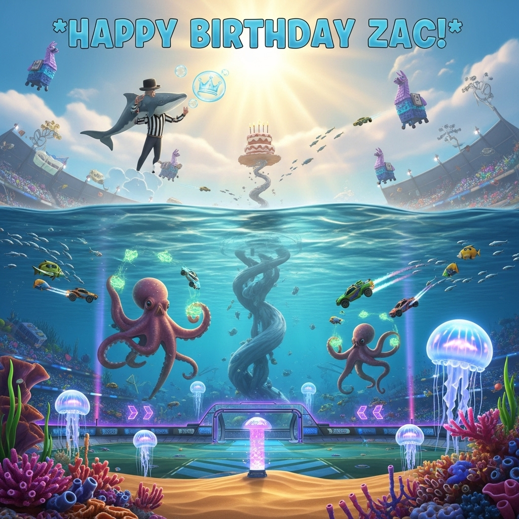 At the top of the Surreal Style image, display the text in playful, bubbly, seafoam-like letters: **Happy Birthday Zac!**  

A dreamlike, surreal underwater stadium where giant octopuses wear Fortnite skins, juggling glowing Rocket League cars between their tentacles. Coral reefs twist upward into impossible spirals, turning into floating Fortnite loot llamas that gently drift across the sky-ocean. The "field" is a patchwork of sand dunes and shimmering water, where jellyfish shaped like goalposts pulse neon light. Above, a whale referee in a bowler hat blows bubbles shaped like victory crowns, while schools of fish wearing tiny Rocket League boost trails zip past. Ethereal golden sunlight filters down through the ocean surface, but the horizon bends upward in impossible arcs. In the distance, a giant birthday cake hovers, its candles replaced by mini battle buses launching into the current. The mood is playful, absurd, and full of energy, with colors melting together in a Dali-esque dreamscape.  
Generated with these themes: Sea creatures, Fortnite, Rocket League, and .
Made with ❤️ by AI.
