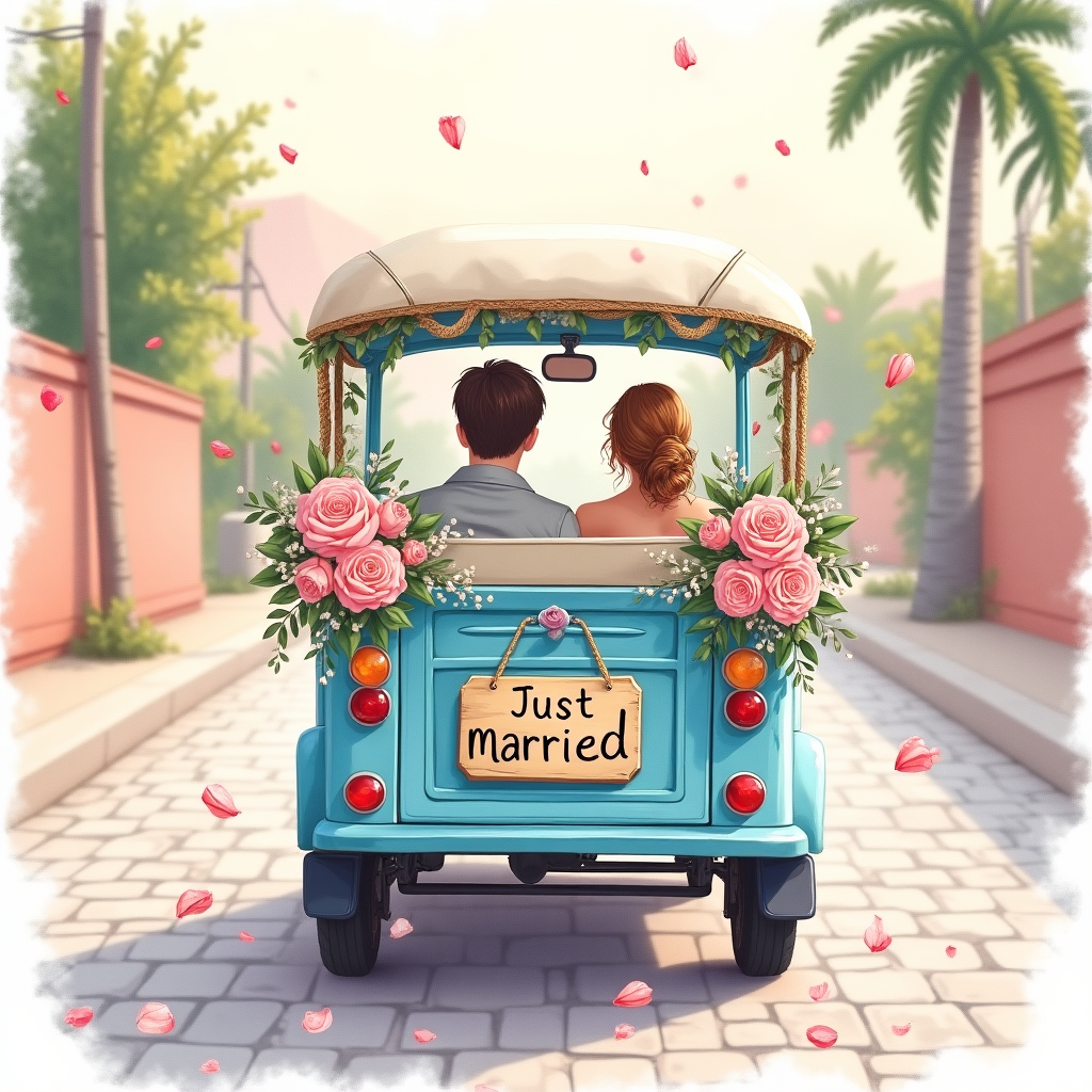 Prompt for a cute watercolor wedding scene:

- Full-bleed vertical watercolor painting, airy and whimsical. A sky-blue tuktuk viewed from behind, puttering down a sun-washed cobblestone lane. A hand-painted wooden sign on the back reads: JUST MARRIED. Twine-tied trailing cans bounce behind the tuktuk, glinting soft silver, leaving playful watercolor splashes and tiny heart-shaped confetti in their wake.
- The tuktuk is trimmed with cream and decorated with blush peonies, baby’s breath, and eucalyptus garlands; pastel bunting drapes overhead. A few rose petals float through the air. Inside the cab, a hint of two figures and interlaced hands, just silhouettes.
- Light and palette: warm, golden morning glow; sky in blush-to-peach gradient with touches of cornflower blue. Colors: blush pink, dusty rose, mint, sage, cornflower blue, buttercream, soft lavender, warm gold accents.
- Watercolor look: soft washes, delicate gradients, loose wet-on-wet edges, subtle pigment blooms/backruns, light speckles, and visible natural cold-press paper texture; minimal linework, lots of breathable negative space; no harsh outlines.
- Composition: centered tuktuk receding toward a gentle vanishing point; cans trailing in a graceful curve that leads the eye; lightly blurred background rooftops/palms for depth; confetti and petals add motion.
- Small text to include (hand-lettered watercolor brush, soft indigo, placed subtly near the bottom): “Tuk-tuk to forever.”
Generated with these themes: Tuktuk “just married” on the back. Trailing cans behind tuktuk , and .
Made with ❤️ by AI.