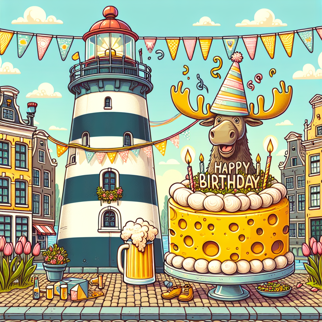 Create an illustration that captures a lovely birthday party being held on the cobblestone streets of Amsterdam. The scene should follow a cartoon aesthetic. Feature a lighthouse embellished with vibrant banners towering in the background. A jolly moose donning a birthday hat, raising a beer mug, should be part of the party. A giant cheese wheel-shaped cake should rest at the center of the scene, hinting at Dutch food tradition. Surround the scene with quaint Dutch architecture, playfully drawn, and tulips to give the illustration a distinctly Dutch charm.
Generated with these themes: Amsterdam, Beer, Cheese, Lighthouse , Netherlands , and Moose.
Made with ❤️ by AI.