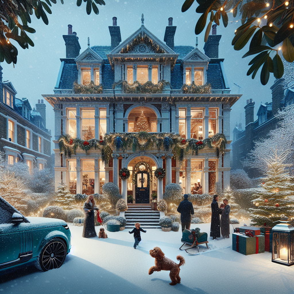 Small ginger cockapoo, Blue Tesla model Y, Green Porsche taycan, Edwardian London house, Christmas scene, Family, and Skiing Christmas Card