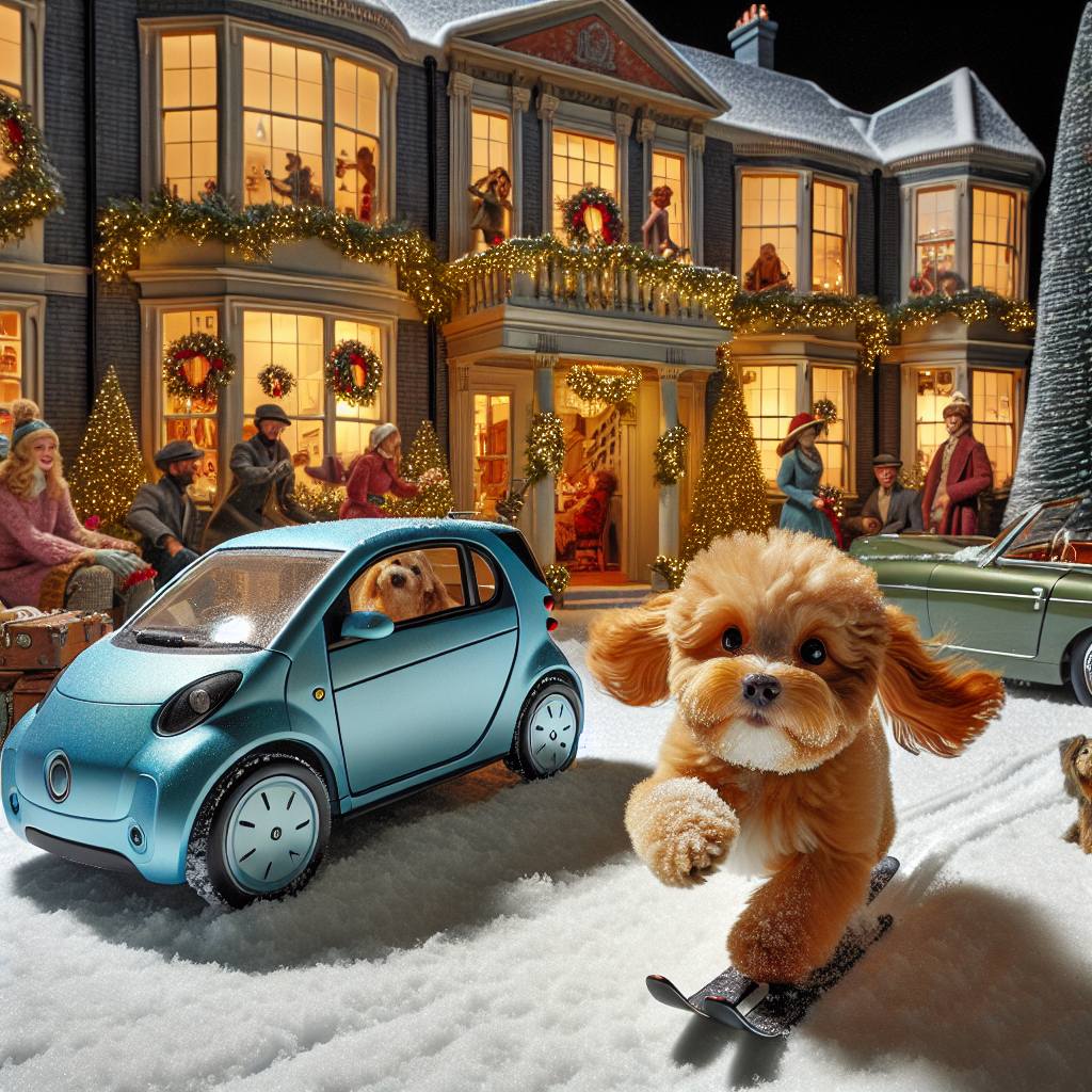 Small ginger cockapoo, Blue Tesla model Y, Green Porsche taycan, Edwardian London house, Christmas scene, Family, and Skiing Christmas Card