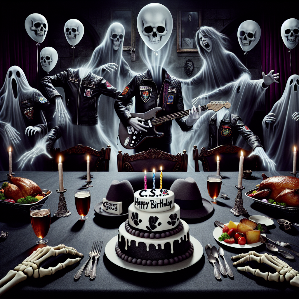Imagine a spectral birthday party, showcasing ghostly figures adorned with leather jackets that have patches of rock bands on them. These figures float around a banquet table designed in a gothic style. On the table, a C.S.I themed birthday cake, decorated with chocolate fingerprints and a small detective hat, takes its place beside a roast dinner that serves as the centerpiece. Skull-shaped balloons are dispersed in the surroundings, dramatically adding to the mood of the scene. A spectral hand is depicted playing an electric guitar, the strings of which magically shape into a 'Happy Birthday' sign, representing the vibe of rock 'n' roll.
Generated with these themes: Rock music, Ghosts, Crime, Chocolate, and Roast dinners.
Made with ❤️ by AI.