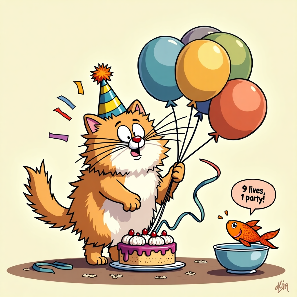 At the top of the cartoon image: "Olga, it’s your purr-thday – time to paws and celebrate!"

**Prompt for the image:**

A playful cartoon scene featuring a fluffy kitten wearing an oversized birthday party hat that's slipping over one eye. The kitten is standing on a table mid-mischief, tangled in a string of balloons and knocking over a birthday cake, with frosting paw prints leading off the edge. Streamers hang from its whiskers and its tail is tied to a floating balloon labeled “9 lives, 1 party”. A confused goldfish in a bowl nearby looks on with a tiny party hat of its own. Bright colors, exaggerated facial expressions, and classic cartoon chaos fill the frame. Mood: Cheeky and hilariously cute.
Generated with these themes: kitten .
Made with ❤️ by AI.