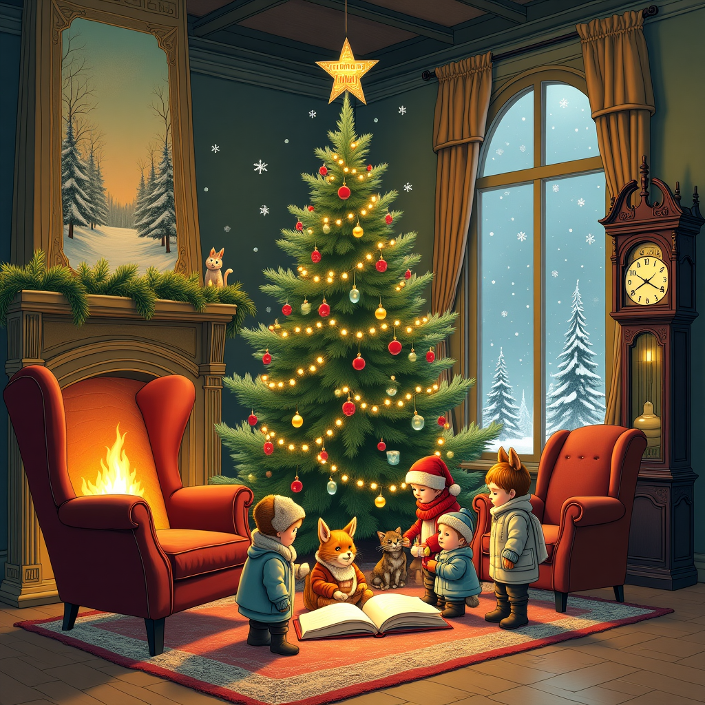 In the foreground of this unique Christmas greeting card cover, we see a grand, old-fashioned living room, aglow with the soft, golden light of a crackling fireplace. Around the hearth, a group of young children, the beloved grandkids, are gathered. They are dressed in whimsical winter outfits reminiscent of Beatrix Potter's charming animal characters, complete with knitted scarves and mittens. A large, plush armchair sits near the fire, upholstered in a rich, burgundy fabric that echoes the opulence of a Norman Rockwell scene. Upon the armchair rests an open storybook, with intricately illustrated pages spilling out, featuring fantastical creatures and snowy landscapes inspired by Maurice Sendak and Arthur Rackham. 

In the center of the room stands a magnificent Christmas tree, its branches heavy with Edward Gorey-style delicate lace ornaments and twinkling lights. The tree reaches up to the high, beamed ceiling, adorned with a handcrafted star made from recycled paper that mimics the whimsical lines of Quentin Blake. A woven garland hangs nearby, its fabric embroidered with the phrase "friends and family," the letters looped gracefully in the elegant script of an Aubrey Beardsley illustration, subtly incorporating the name into the setting.

The walls of the room are adorned with old-fashioned, Maxfield Parrish-inspired tapestries depicting snowy woodland scenes, as if they are windows to another world. Through an actual window, snow gently falls, each flake detailed with Gustave Doré-like precision, creating a serene and magical backdrop. Near the window, a grandfather clock ticks quietly, its face intricately carved with intricate patterns reminiscent of N.C. Wyeth's adventurous spirit, while a cozy, curled-up cat, inspired by Edward Gorey's work, sleeps on a patterned rug beneath it. This scene is a tapestry of artistic inspiration, weaving together a story of family warmth and holiday magic.
Generated with these themes: grandkids.
Made with ❤️ by AI.