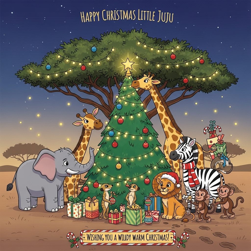 At the top of the Cartoon Style image, “Happy Christmas Little Juju” in warm hand-lettered script, softly glowing like fairy lights.

A sincere, cozy safari Christmas scene in playful Cartoon Style: a big, decorated acacia tree taking center stage as the “Christmas tree,” wrapped with twinkling string lights, red-and-green baubles, and a bright star at the top. Gathered around it are charming cartoon safari animals with exaggerated proportions, thick black outlines, and bright saturated colors—an elephant calf gently hugging a parent’s trunk, a giraffe stretching up to nudge the star, a zebra with a candy-cane scarf, a lion cub with a tiny Santa hat, curious meerkats peeking from gift boxes, and two friendly monkeys passing ornaments. Their poses are whimsical and energetic but their expressions are soft and heartfelt, radiating warmth and togetherness.

Lighting and mood: golden-hour glow melting into a starry indigo sky; the fairy lights cast a soft, comforting halo on the animals. Fireflies drift like gentle snowflakes, adding sparkle without actual snow. Soft 2D shading, clean shapes, and bold outlines keep the Cartoon Style crisp. Colors are vibrant and festive—lush greens, merry reds, warm golds, and sky blues—contrasted with the earthy savanna. Subtle details: patterned gift wraps with simple geometric motifs, a candy-cane stripe ribbon around the tree trunk, and footprints in the dust leading toward the gathering.

At the bottom, a small wooden sign with a candy-cane border reads: “Wishing you a wildly warm Christmas!”
Generated with these themes: Safari, and .
Made with ❤️ by AI.