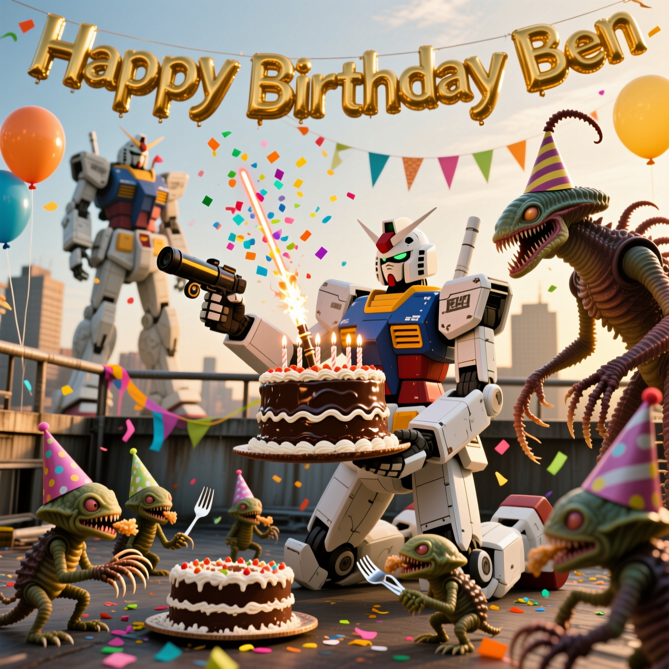 At the top of the Photorealistic picture taken from a camera image, Happy Birthday Ben

Ultra-high-definition 4K UHD photorealistic scene, funny mood: a golden-hour rooftop party truce between a towering Gundam and a swarm of Warhammer 40k Tyranids. The white-and-primary Gundam kneels, palm up, balancing an oversized chocolate birthday cake piled with glossy frosting and sparkling candles (one crackling like a tiny beam-saber). Around the cake, several small Tyranid gaunts in cone party hats nibble frosting, one daintily using a scything talon like a fork, while a larger Tyranid with a crooked party hat leans in curiously. The Gundam’s other hand has just popped a confetti cannon—colorful confetti freezes midair. Streamers and balloons are tied along an industrial rooftop railing; a few bits of confetti cling to chitin plates. Expressions and posture are playful and non-threatening—no combat, no gore, just cake diplomacy.

Text integration: the headline “Happy Birthday Ben” appears as big metallic balloon letters strung across the very top of the frame, naturally lit and slightly catching the sun.

Camera and look: real-camera capture, low-angle 35mm lens, f/5.6, 1/1000s to freeze confetti, ISO 200. Rich depth of field with crisp focus on the cake, Gundam torso, and nearest Tyranids; softly blurred city skyline and rooftop details behind. Accurate lighting with warm golden sunlight, believable bounce off white armor, subtle rim light on chitin; lifelike textures—weathered metal panels, tiny paint chips, rubberized joints, glossy frosting peaks, and organic chitin sheen. Natural color grade, mild lens flare, gentle vignetting, and a whisper of film grain for realism.

Add a small, cheeky caption at the bottom on a party banner taped to the cake stand: “Beam sabers down, forks up.”
Generated with these themes: Warhammer 40k Tyrannids, Gundam, and .
Made with ❤️ by AI.