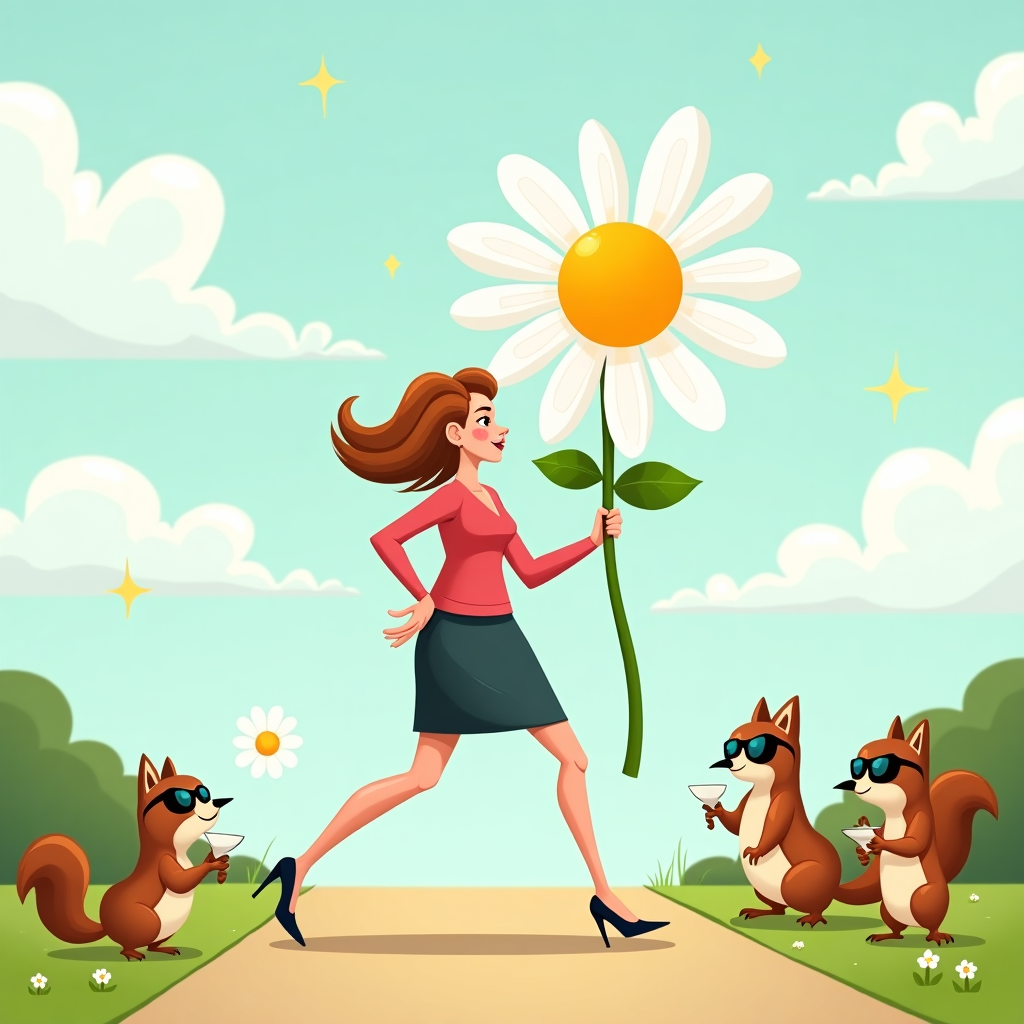 **Prompt:**

At the top of the illustration image, *"My Super Mom, Thanks for Never Leaf-ing Me!"*

Create a quirky and funny illustration of a fashionable lady confidently strutting down a path, proudly holding a giant daisy like a trophy. She's completely unaware that the flower's oversized stem is sneakily tangled around her high heel, causing a dramatic (yet elegant) stumble in mid-stride. Around her, squirrels and birds in sunglasses look on in mock shock, sipping tea and gossiping. The sky is clear and pastel-toned, with exaggerated, fluffy clouds shaped like hearts and stars. Use bright, playful colors and an exaggerated cartoon style for maximum comedic effect.
Generated with these themes: a lady holding a flower.
Made with ❤️ by AI.