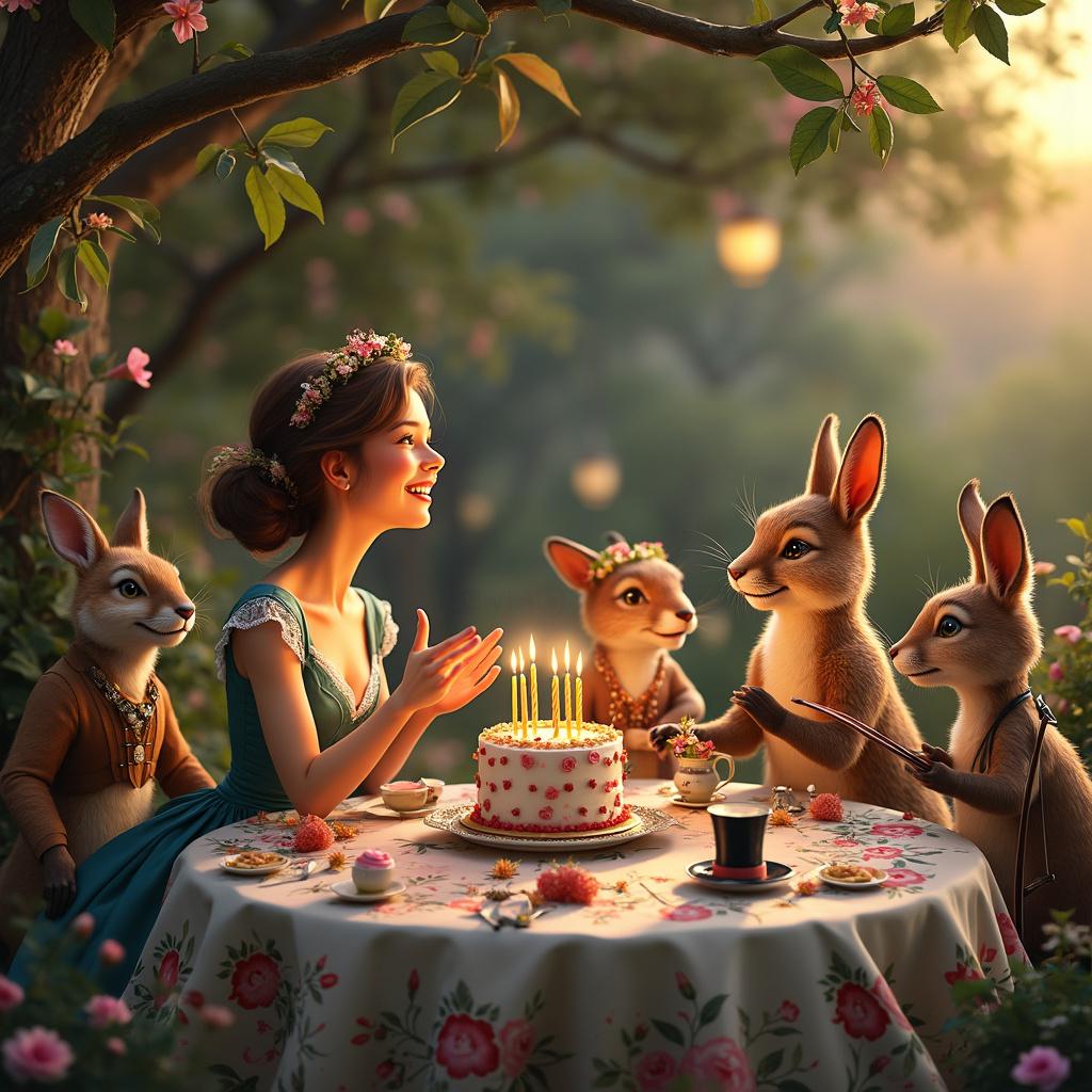 In a whimsical garden, bathed in the golden light of sunset, a family gathering unfolds amidst soft shadows. At its heart is Anne Marie, a fifty-year-old woman who laughs heartily in a Victorian-style dress infused with a modern twist. Seated at a rustic wooden table draped with a floral tablecloth, she prepares to blow out candles on a lavish cake, her eyes sparkling and smile wide, revealing gentle lines that tell of her joy. Her two daughters, dressed in stylish yet comfortable attire, echo their mother’s passion for nature; one wears a floral headband while the other sports a delicate bird brooch. One daughter claps enthusiastically, while the other artfully arranges the final decorations.

The gathering is further enlivened by a delightful assortment of anthropomorphic animals. A well-dressed fox in a gentleman's waistcoat and monocle stands ready with a violin bow, while a rabbit in a frilly frock holds a bouquet. Meanwhile, a hedgehog dons a tiny top hat, positioned beside a miniature cake resting on a tree stump. Friends and family members, laughing and conversing, stand and sit in the background against a picturesque backdrop where stylized trees arch overhead, their leaves crisp and rustling in the breeze, and vibrantly colored flowers bloom densely around the edges.

Adding a playful touch, whimsical sheets of music flutter in the air around the fox musician, alongside a charming puppet theater occupied by animal puppets, managed by a chuckling badger in a bow tie. The centerpiece of this gathering is a birthday cake that features a miniature whimsical replica of the garden scene, adorned with ornate icing that spells out, "Happy 50th, Anne Marie!" Colorful banners dangle between trees, cheerfully conveying birthday wishes, while clusters of pastel balloons float gracefully beneath the branches.

As this joyful scene unfolds, the clouds above take on an ethereal quality, gently formed to spell "Anne Marie," illuminated by the warm glow of the setting sun. This celebration embodies Anne Marie’s cherished love for her family, friends, animals, nature, music, and theater.

Generated with these themes: This fifty-year-old woman from England loves to be with her family and friends, talking, laughing, listening. She is a proud mother to two beautiful daughters, and she loves animals and nature, music and theatre. 
Made with ❤️ by AI.