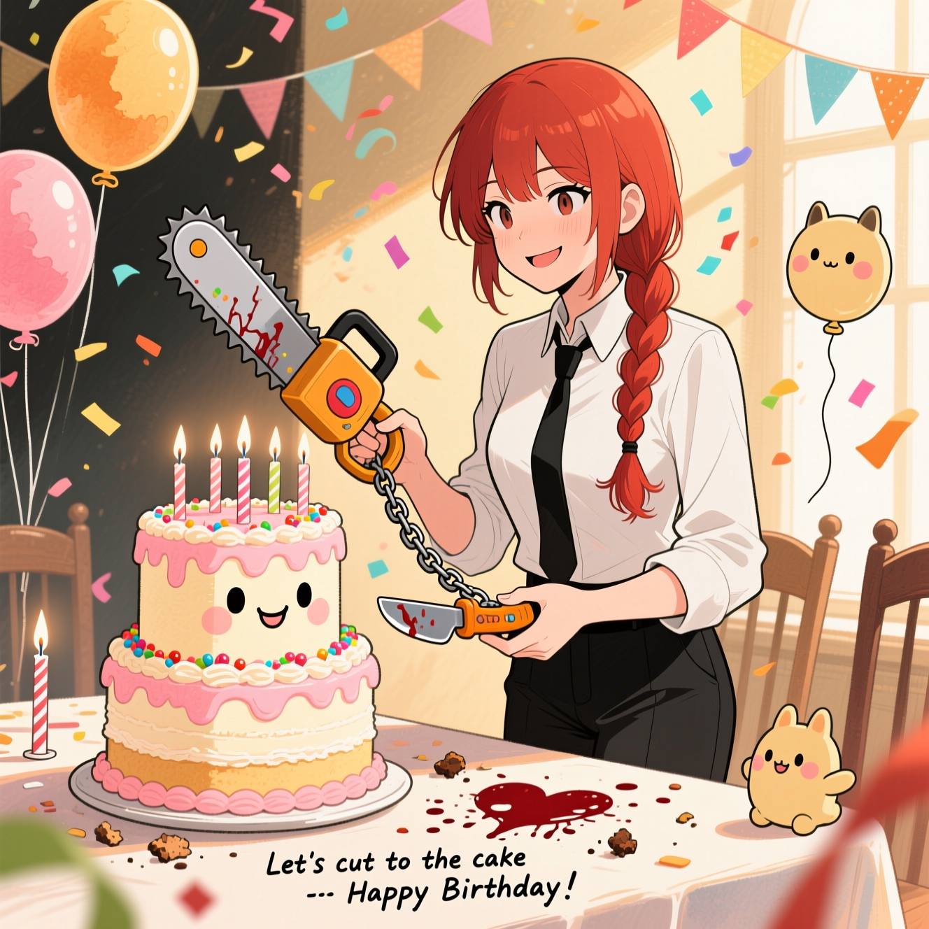 Hand-drawn illustration with fine linework, textured brush strokes, balanced composition, and a warm, expressive color palette (golden ambers, soft corals, dusky pinks, inky charcoal). Scene: Makima from Chainsaw Man, center stage, three-quarter view, serene sly smile, in her signature white shirt, black tie, and black slacks, auburn-red braid neatly tied. She’s at a festooned party table, about to serve a towering birthday cake shaped like a cute, cartoony chainsaw—rounded edges, pastel frosting, cheerful eyes—while holding a playful toy cake-slicer shaped like a mini chainsaw decorated with ribbons; the “chain” is just candy sprinkles (no blades, no gore). Warm afternoon light spills in from the side; confetti and streamers drift around; balloons in the back (optional nods like a tiny Pochita-shaped balloon in a corner). Add funny visual details: candles with pull-cord wicks, a frosting splat in a heart shape, crumbs mid-air. Emphasize expressive linework and painterly textures with soft watercolor-like shading, cozy and humorous mood. Include a small hand-lettered caption near the bottom, single line: “Let’s cut to the cake — Happy Birthday!” Keep the text playful and unobtrusive. No blood, no violence, no logos, not photorealistic.
Generated with these themes: Chainsaw man, Makima from chainsaw man, and .
Made with ❤️ by AI.