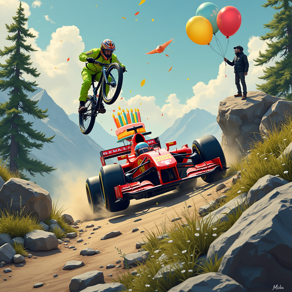 Alright, buckle up for a wild birthday ride through an imaginatively wacky world! Picture this:

The front cover of the greeting card is a panoramic, bustling mountain landscape. At the forefront, there is an audacious F1 car racing through the rocky terrain, kicking up a cloud of dust and pebbles. The car's sleek, vibrant red body is covered in sponsor decals, but a large birthday cake decal with brightly colored candles steals the spotlight on its hood.

To the left of the F1 car, a mountain biker, clad in neon-green gear with matching helmet, is performing an impressive wheelie. His face is lit with a mischievous grin, and his watch is prominently visible - an oversized, chunky, multi-dial sports watch that gleams in the sunlight. 

On the right, a lone figure stands atop a boulder, bathed in a solitary moment of awe. He's holding a high-tech camera, aimed at the antics of the F1 car and the biker. The camera is massive, with a long lens and various buttons and dials, looking like it belongs to a professional wildlife photographer.

In the background, majestic mountains rise, dotted with pines and rocky outcrops. A serene river snakes through the valleys, adding an element of tranquility to the otherwise action-packed scene.

To top it all off, balloons in the shapes of racing flags, wristwatches, and mountain bikes float across the sky, adding a festive and whimsical touch to the whole scene.

This vibrant, detailed illustration captures the chaotic joy of a birthday celebration, combining the thrill of speed, the precision of time, the freedom of biking, the art of photography, and the peace of solitude into one unforgettable image.
Generated with these themes: F1 racing , Watches, Mountain bikes, Cameras, Solitude , and Wheelies.
Made with ❤️ by AI.