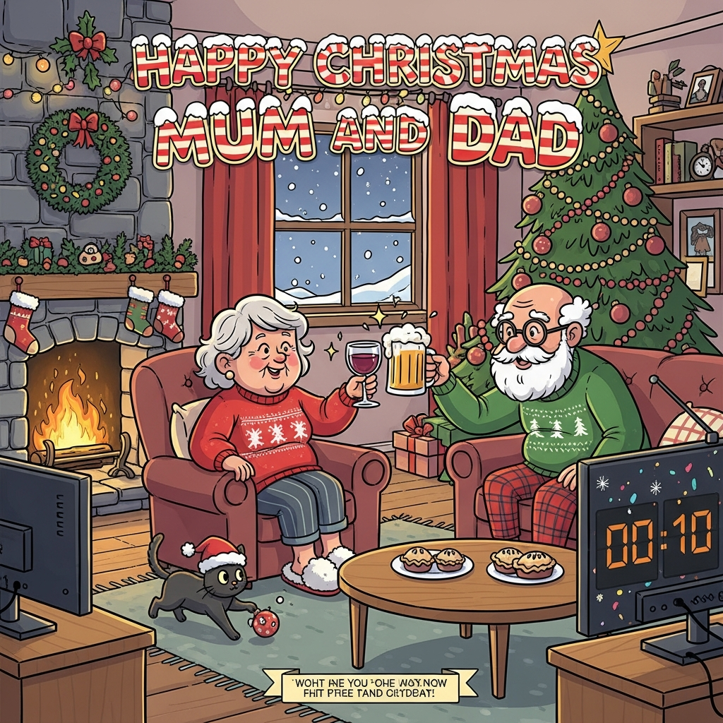 At the top of the Cartoon Style image, place the text: Happy Christmas Mum and Dad in big, chunky, candy-cane striped letters with snowy tops and a warm golden glow.

Funny Christmas Cartoon Style scene with playful, exaggerated proportions, thick black outlines, and bright saturated colors. Cozy living room with a roaring log fire in a stone hearth, twinkling fairy lights, a lush Christmas tree loaded with baubles and tinsel, and snow visible through a window. In the warm firelight, a 78-year-old woman with short wavy blonde hair and rosy cheeks relaxes in a comfy armchair, wearing a cheerful red Christmas jumper and fuzzy slippers, happily sipping a generous glass of red wine. Beside her, her husband—an older man with white hair but bald on top, round glasses, and a full white beard—leans in from the sofa, sporting a green ugly sweater and tartan pajama pants, raising a frothy pint of beer. They tilt toward each other mid-toast, with playful motion lines and twinkly sparkles around their glasses. Their small black cat (big curious eyes, tiny Santa hat) prances on a fluffy rug by the hearth, pawing at a dangling bauble and eyeing the TV remote.

On a side cabinet, a flat-screen telly shows a festive digital countdown with huge glowing numbers “00:10” over a snowflake-and-confetti background (numbers only, no words). The room feels lively and cozy: stockings on the mantel, garland and fairy lights, a plate of mince pies on the coffee table, glowing reds, pine greens, and golden firelit tones. Portrait composition, full-bleed, with ample breathing room for the header and a small caption.

Add one small, cheeky line of text as a ribbon tag near the bottom center: Countdown to cork o’clock! (keep it short, bold, and playful; no other text).
Generated with these themes: 78 year old woman, blonde hair drinking red wine by a log fire with husband with white hair, bald on top, with glasses and beard. With their small black cat , Red wine, beer and countdown on telly, and .
Made with ❤️ by AI.