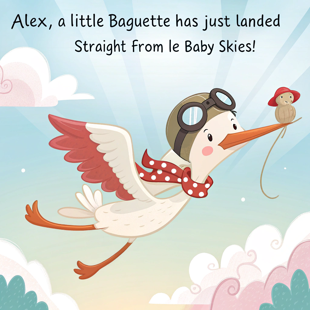 At the top of the image, "Alex, a little baguette has just landed — straight from le baby skies!"

– In the center of the image, illustrate a whimsical, cute cartoon-style stork soaring through fluffy pastel clouds. The stork wears vintage aviator goggles and a red-and-white striped scarf fluttering in the wind.

– Suspended gently in a cozy polka-dot bundle hanging from the stork's beak is an adorable French baby. The baby has chubby cheeks, a tiny beret tilted jauntily to one side, and a half-nibbled croissant clutched in one hand. They’re giving a charming, toothless grin.

– Below, create a stylized, cheerful Parisian cityscape with iconic elements like the Eiffel Tower, puffy rooftop chimneys, and twinkling street lamps. Soft hearts and musical notes drift upward as if the city is singing a lullaby.

– In curly, playful hand-lettering toward the bottom of the image, add the phrase: "Bonjour bébé!" in bold pinks and baby blues.
Generated with these themes: Stork flying, carrying baby, Baby should be french maybe wearing a beret and eating a croissant, Paris, and Text saying "Bonjour bebe".
Made with ❤️ by AI.