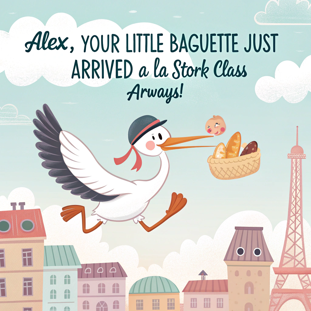 At the top of the image, "Alex, your little baguette just arrived à la stork-class airways!"

- Illustrate a charming, vector-style scene of a smiling stork wearing aviator goggles, soaring across a pale blue sky scattered with fluffy clouds.  
- Dangling gently in a cloth bundle from the stork's beak is an adorable French baby with rosy cheeks, wearing a tiny striped onesie, a miniature beret, and holding a comically large croissant with two hands.  
- Below them, a whimsical, pastel-toned Paris skyline featuring the Eiffel Tower and quaint Parisian rooftops stretches across the background, with warm sunshine and stylized puffs of steam curling up from cafés.  
- At the bottom of the image, add bold, playful text in script-style lettering: "Bonjour Bébé!"  
- Include hearts, sparkles, and a couple of fluttering butterflies to complete the sweet, celebratory mood.
Generated with these themes: Stork flying, carrying baby, Baby should be french maybe wearing a beret and eating a croissant, Paris, and Text saying "Bonjour bebe".
Made with ❤️ by AI.