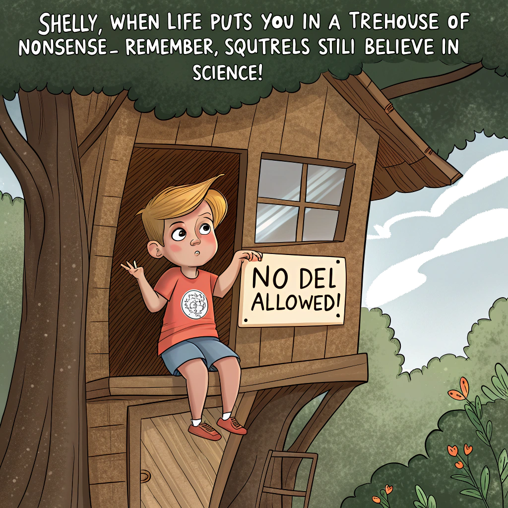 Donald Trump as a young boy in shorts and a t-shirt in a tree house with a big sign that says "no DEI allowed", Donald is looking menacingly down at a few young girls of various skin tones dressed as scientists, The girls are in line to walk through a TSA scanner before they are allowed in the treehouse, and A squirrel dressed as DEI officer watches Sympathy Card