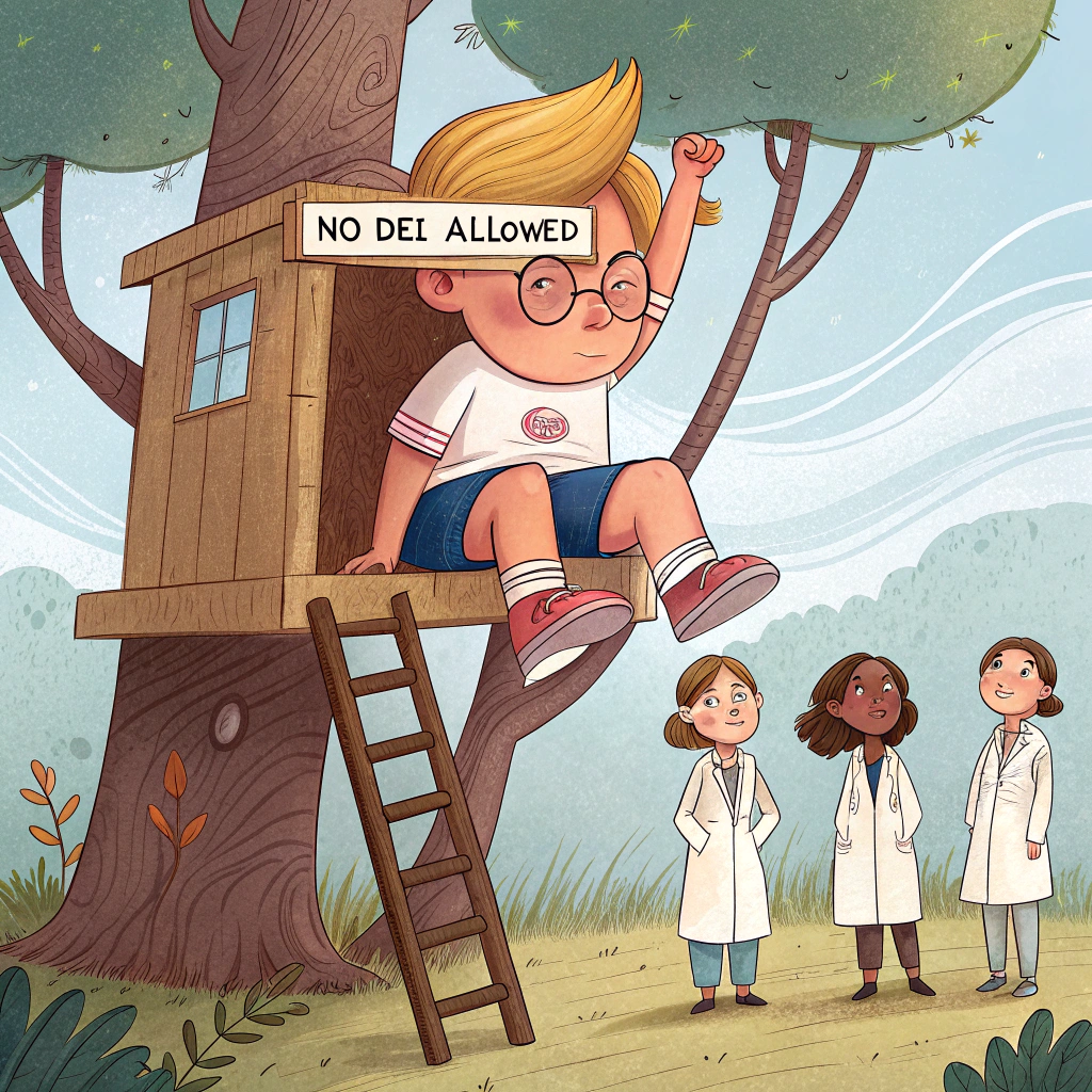 At the top of the image, "Shelly, even science can’t pass Donald’s ‘Treehouse of Nope!’" 

– Cartoon-style illustration: A young boy resembling Donald Trump in oversized shorts and a too-tight "No DEI Allowed" t-shirt sits high in a makeshift, ramshackle treehouse with a grumpy pout and crossed arms. A crooked, hand-painted sign reading “NO DEI ALLOWED” dangles above the ladder.  

– Below him, a cheerful lineup of young girls dressed as future scientists (one in a lab coat, another with goggles and test tubes, another in astronaut gear) wait their turn in front of an absurdly tiny TSA scanner.  

– Next to the scanner, a squirrel wearing a little security badge that says "DEI Officer" stands alertly on two feet, clutching a clipboard and squinting suspiciously at Donald through oversized glasses.  

– One of the girls holds up a permission slip with "Let Her In, She’s Got Pi!" scrawled across it.

– At the bottom of the image, "Hang in there, Shelly – even the smartest minds have to deal with a few nuts in high places!"
Generated with these themes: Donald Trump as a young boy in shorts and a t-shirt in a tree house with a big sign that says "no DEI allowed", Donald is looking menacingly down at a few young girls of various skin tones dressed as scientists, The girls are in line to walk through a TSA scanner before they are allowed in the treehouse, and A squirrel dressed as DEI officer watches .
Made with ❤️ by AI.
