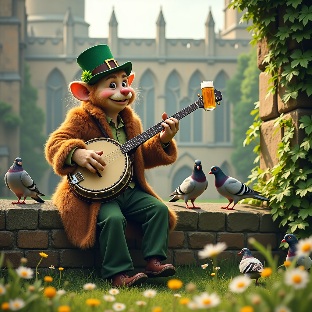 Banjo playing leprechaun in a brown fur coat with a stein of beer, and Outside Kirkstall abbey in leeds Birthday Card