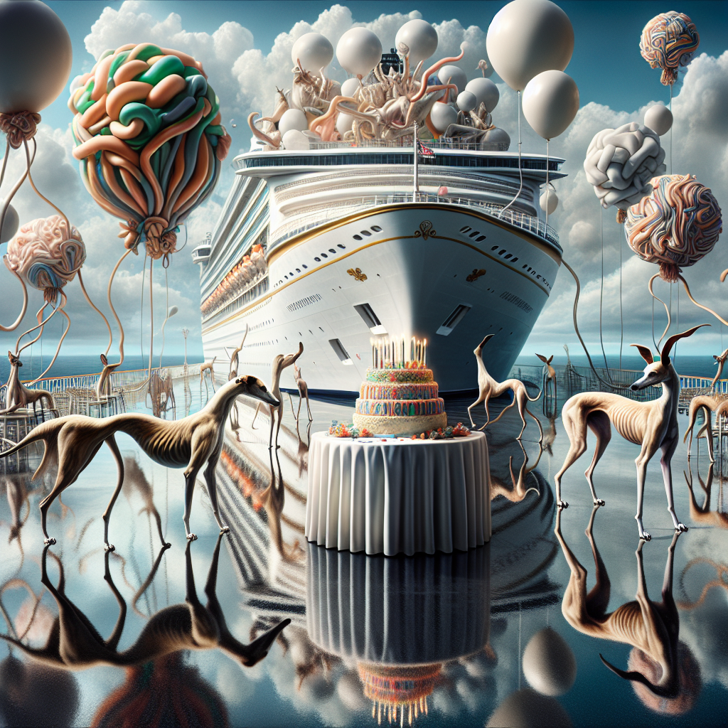 An unusual and meticulously detailed birthday celebration takes place on a grand cruise liner's deck. Slender and elegant whippets of white and brown colors promenade among the pleasures, adding a surreal element to the scene. The ship, brimming with life, sails smoothly across a glossy sea. Above, the sky mirrors the birthday excitement, its clouds transforming into ephemeral messages of birthday felicitations. In a spectacle of impossible physics, balloons contort into bewildering shapes. Adding to the visual feast, a cake that could easily pass off as a gravity-defying sculpture sits proudly on a table cloaked in a glittery cloth.
Generated with these themes: White Whippet, Brown Whippet, and Cruise.
Made with ❤️ by AI.