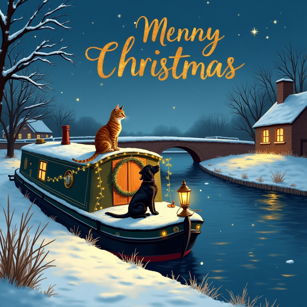 At the top of the Illustration Style image, Merry Christmas
Hand-drawn illustration with fine linework and textured brush strokes, balanced composition, warm expressive color palette, sincere and tranquil mood. Winter twilight on a quiet canal: a classic narrowboat moored at a gentle angle, roof sugared with fresh snow, a soft string of warm fairy lights along the cabin, a lush wreath on the bow, a brass lantern glowing, and a thin chimney wisp drifting into the indigo sky. A mackerel tabby cat sits serenely on the cabin roof near the chimney, tail curled, watching the softly falling flakes. A glossy black spaniel with feathered ears stands on the snowy stern deck (or on the towpath with paws up on the gunwale), looking up to the cat with friendly curiosity; their breath visible in the chill. The still canal mirrors the lights and dusky sky; frost-rimmed reeds in the foreground; delicate pawprints on the towpath. Background hints of an arched brick bridge and distant cottage windows glowing; sky gradient from deep midnight blue to violet with one bright star. Keep generous open sky at the top for the title; boat and companions occupy the lower two-thirds; subtle paper grain, gentle vignette, and soft bokeh snowflakes. Title lettering rendered in warm gold hand-lettered script with a light snowy sparkle, understated and heartfelt. Optional tiny caption at the bottom center in warm gray hand-lettering: All is calm, all aboard.
Generated with these themes: Narrow boat snow tabby cat black spaniel , and .
Made with ❤️ by AI.