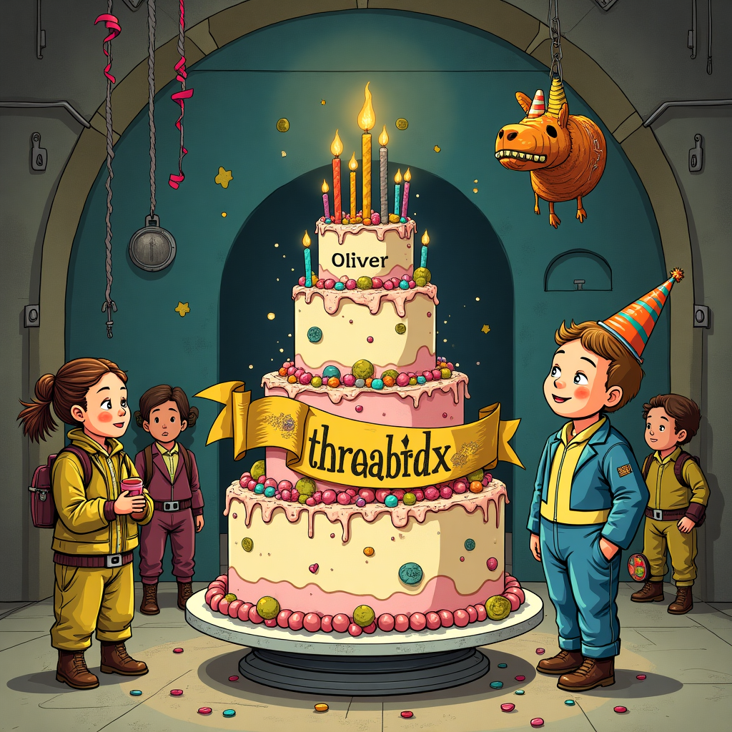 **Front Cover Description:**

**Scene Overview:**
Illustrate a dynamic, imaginative birthday scene set within the whimsical, post-apocalyptic universe of Vault 45. The environment seamlessly blends the vibrancy of a birthday celebration with the intriguing decay of a post-nuclear world, inspired by Fallout themes. Capture the detail and character-driven style akin to the works of N.C. Wyeth and the intricate line work of Aubrey Beardsley, with a touch of Quentin Blake’s playful chaos.

**Foreground:**
- **Birthday Cake:** At the center, draw an exaggerated, tiered birthday cake that seems cobbled together from scavenged materials, but it still exudes a sense of festive grandeur. The cake should be adorned with colorful, mismatched candles, each one slightly different, echoing the makeshift aesthetic of the scene. Integrate a banner that reads "Oliver" elegantly draped across the cake, made from bright, repurposed fabrics, with lettering that appears hand-stitched.
  
- **Fallout Boy:** Standing beside the cake, sketch a charming, stylized version of a Fallout Boy character wearing a whimsical party hat that’s slightly askew. His suit should be detailed, showing signs of wear with patches and retro-futuristic embellishments. His expression is curious and attentive to the celebration around him.

**Midground:**
- **Vault 45 Elements:** Surrounding the cake, include party attendees dressed in various eccentric Vault suits, each unique with personalized touches like patches and repairs, suggesting a vibrant yet scrappy community spirit. They are animated in conversation or play, holding pieces of birthday cake or makeshift gifts.

- **Nuke-Themed Decorations:** Introduce a small, playful nuke piñata hanging from the ceiling, styled with bright colors and humorous features, contrasting its serious connotation. Scatter vintage party streamers made from old circuitry and wires, dangling from above, lending a rustic yet festive air.

**Background:**
- **Environment Details:** Depict the inside of Vault 45, a space with industrial metal walls softly illuminated by retro-futuristic lights casting warm hues. Add intricate pipework running along the walls, and an overhead digital clock that shows “11:11” as a nod to the birthday wish tradition. The floor is a polished steel, with hints of rust and age.
  
- **Color Palette:** Utilize a palette of muted blues, rusty oranges, and vibrant splashes of red and yellow for the decorations to contrast the steely vault backdrop, maintaining an energetic birthday feel amidst the industrial setting.

This illustration will reflect a playful, detailed integration of post-apocalyptic and celebratory themes, capturing the essence of a unique birthday party in a Fallout-inspired world, imbued with a sense of communal joy and creativity.
Generated with these themes: Fallout boy, Nuke , and Vault 45.
Made with ❤️ by AI.