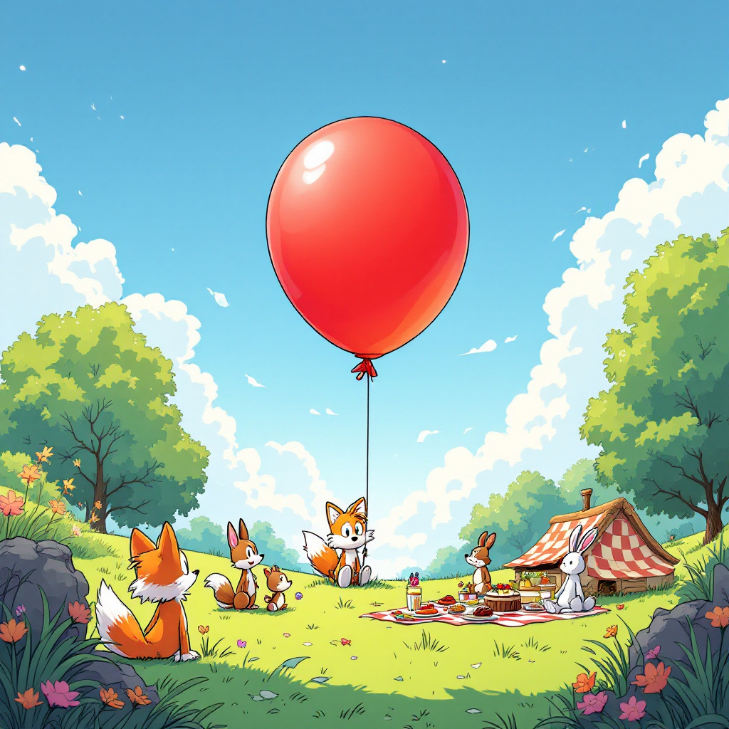 In the whimsical world where comic strip meets animated cartoon, Tails the Fox finds himself in an amusing predicament. Picture a lush, vibrant meadow under a clear, azure sky that seems to stretch on forever, evoking the open landscapes often seen in Peanuts and Calvin and Hobbes. Tails is sitting atop an enormous, comically oversized red balloon that has a slightly translucent sheen to it, reminiscent of the exaggerated, larger-than-life elements found in The Far Side. His fluffy orange tail is bushy and expressive, twitching nervously as if it has a mind of its own, hinting at the imminent pop that will surely follow. 

Around him, a playful scene unfolds. To the left, a group of cartoon woodland creatures, perhaps a mischievous squirrel and a curious bunny, peer over with wide, exaggerated eyes similar to those in Disney animations, their paws covering their mouths in anticipation. On the right, an elaborate birthday picnic is set up, a nod to the detail found in Tintin's adventures: a checkered blanket, a towering cake with candles in the shape of Tails' age, and a bunch of colorfully wrapped presents with bows that seem almost alive, reminiscent of the playful details seen in Winsor McCay's work.

Floating above the scene, suspended in mid-air like a dream, are other balloons in various shapes—a fox, a birthday cake, and even one resembling Tails himself, echoing the fantastical whimsy of Little Nemo. The grass beneath Tails is lush and cartoonishly green, with daisies poking through in a way that recalls the organic style of Bill Watterson. Each element combines to create a dynamic, colorful tableau with Tails the Fox at the center, about to embark on an unexpected, laughter-inducing journey as the balloon quivers beneath him.
Generated with these themes: Tails the Fox sitting on big red balloon to pop it.
Made with ❤️ by AI.