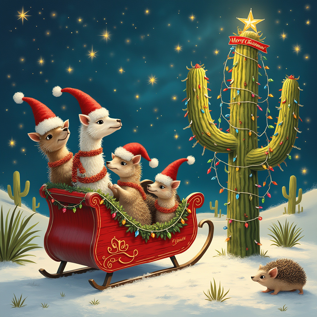 Llamas, Hedgehogs, Cactus, Tequila , and Hedgehogs sat in sleigh drinking tequila. Llamas pulling sleigh wearing Santa hats, baubles and tinsel. Cactus decorated with star, Christmas lights and tinsel with Merry Christmas Paul & Debbie banner Christmas Card