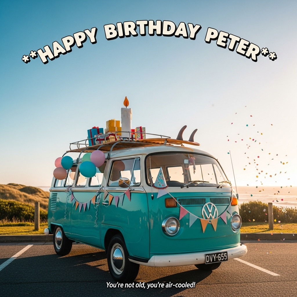 At the top of the Photorealistic picture taken from a camera image, "Happy Birthday Peter" in bold, curved retro lettering, clean white with a soft drop shadow for readability against the sky.

Ultra-high-definition 4K UHD photorealistic scene of a classic VW Bulli microbus in two-tone turquoise and cream, parked at a golden-hour coastal pull-off. Three-quarter front view from a slightly low angle so the Bulli feels iconic; the horizon sits low with a clear gradient sky providing negative space. The Bulli is party-ready: pastel balloons tied to the side mirror, a string of colorful bunting across the windshield, a playful cone party hat perched on the roof, and a roof rack stacked with brightly wrapped presents; a comically oversized birthday candle strapped on top like a surfboard. Confetti gently drifts in the sunlit air. Accurate natural lighting with warm highlights, soft shadows, and subtle lens flare; lifelike textures in chrome, paint, rubber, and fabric. Rich depth of field: the Bulli in crisp focus, background dunes and shimmering ocean softly blurred. Shot on a full-frame camera with a 35mm lens at f/2.8, ISO 100, 1/250s, warm white balance. No people, no heavy filters, true-to-life color.

At the bottom in a small playful script, add the cheeky caption: "You’re not old, you’re air‑cooled!"
Generated with these themes: Vw bulli, and .
Made with ❤️ by AI.