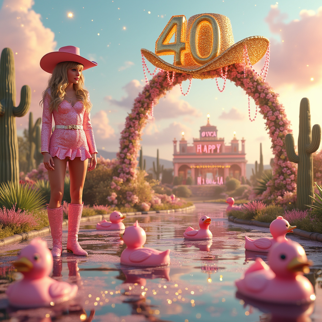 Imagine a sunlit, whimsical western landscape bathed in pastel hues, where a giant pink glittery cowgirl hat sits atop a surreal cactus made of birthday candles. To the left, Taylor Swift stands serenading under a sparkly archway made of intertwined guitars and fairy lights. She's dressed in a dazzling cowgirl outfit with a pink glittery twist. 

A lake in the foreground shimmers with sparkles and is inhabited by a flock of fantastical pink ducks that leave trails of glitter as they swim. The largest duck, perched regally on a floating, gilded lily pad, wears a tiny cowgirl hat that matches Taylor Swift's outfit. 

Hovering above, fluffy clouds spell out "Happy 40th Birthday, Nicola" in sparkling, iridescent letters, as if the sky itself is joining in the celebration. 

In the background, a vibrant birthday cake shaped like a miniature western town occupies a central spot. Each building in this edible town has "Nicola" intricately written in pink icing, ensuring her name is joyously repeated throughout the scene.

Everywhere you look, sparkles dance in the air, giving life to the scene and ensuring it feels like an otherworldly celebration tailored just for Nicola.
Generated with these themes: Cowgirl hat, Pink glitter, Pink duck, Sparkles, Happy 40th birthday , and Taylor swift .
Made with ❤️ by AI.